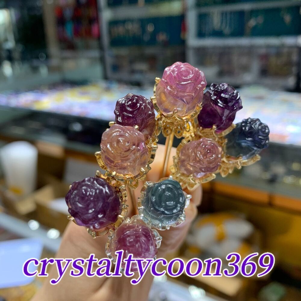 5pc Natural Fluorite Rose Flower Skull Carving Quartz Crystal Reiki Healing