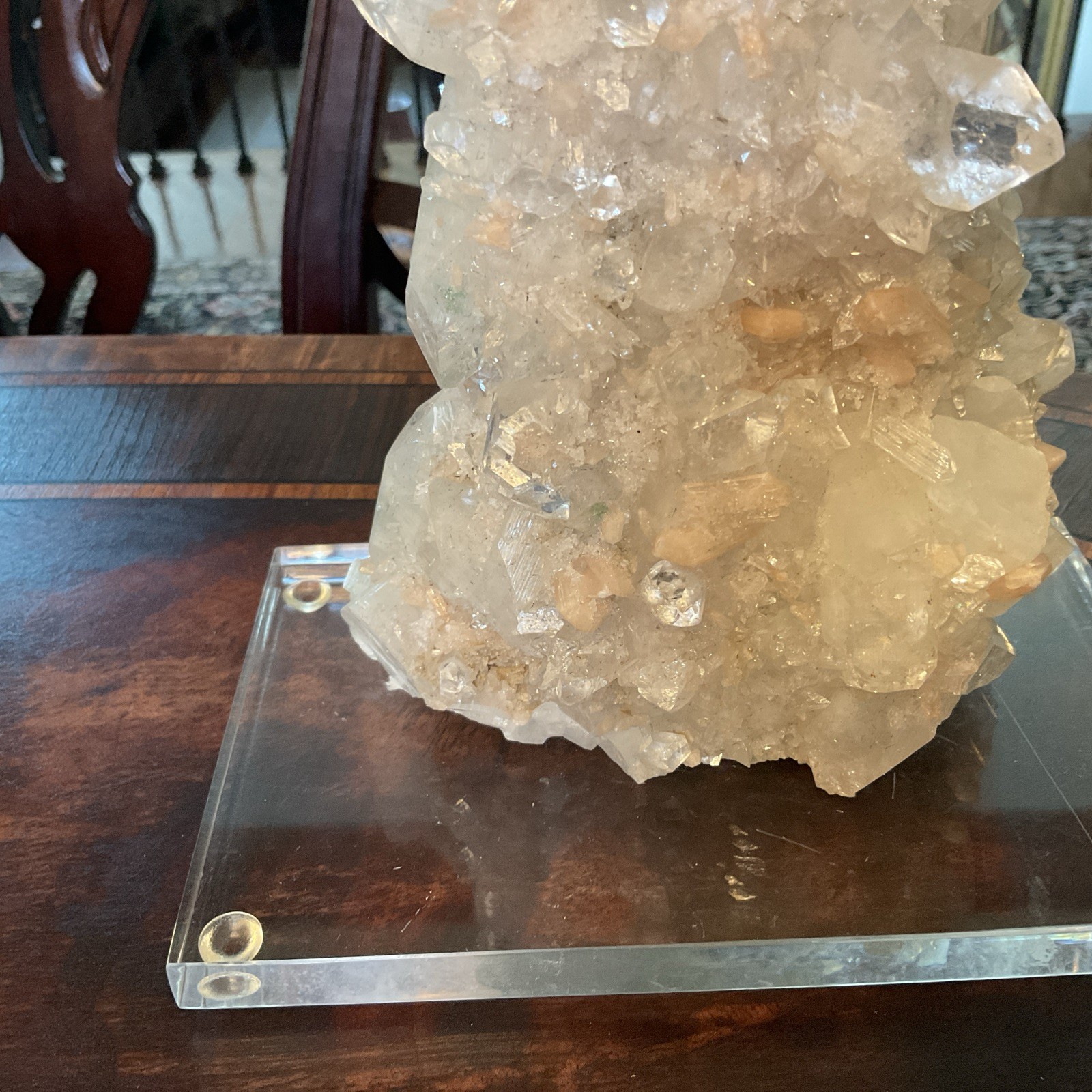 Large Quartz Crystal Cluster w/ White & Peach Minerals Lucite Display 7.5” Tall
