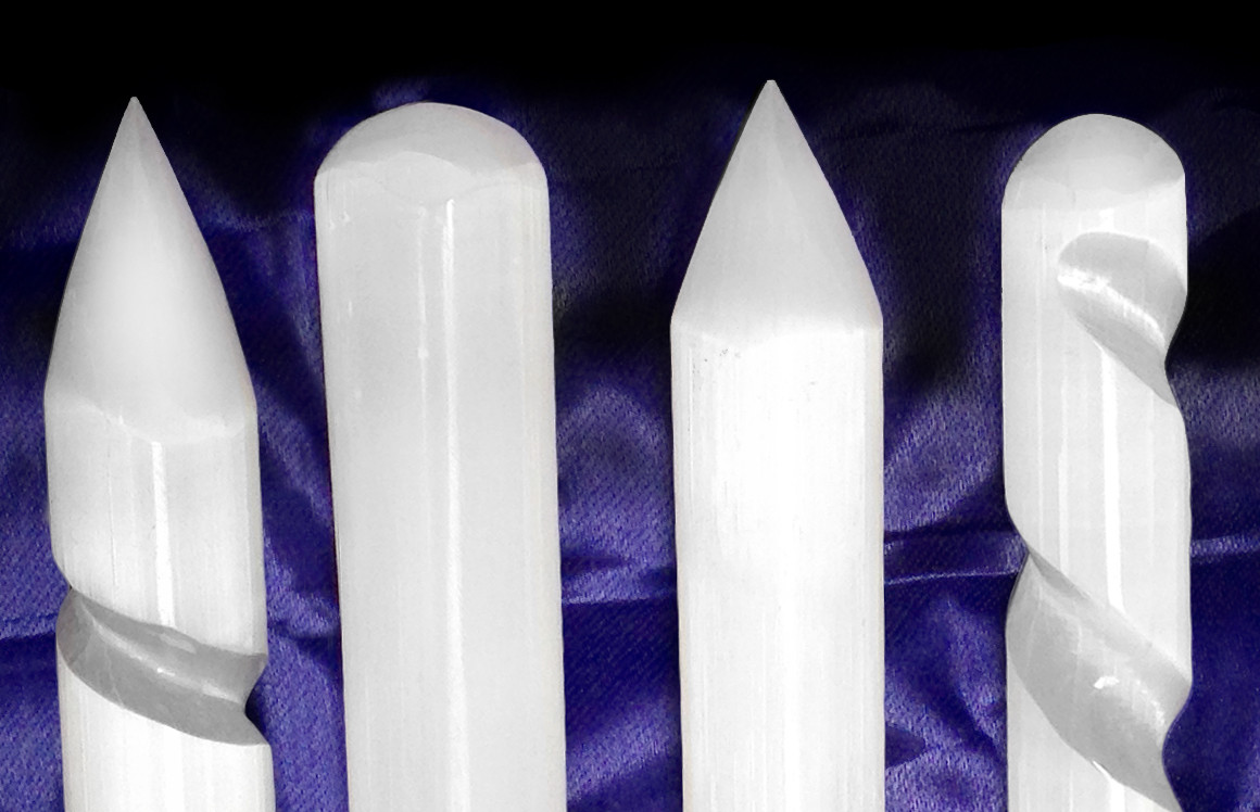 Selenite Crystal Massage Wand LOT 4 Polished Point Round Healing CHARGE Cleanse