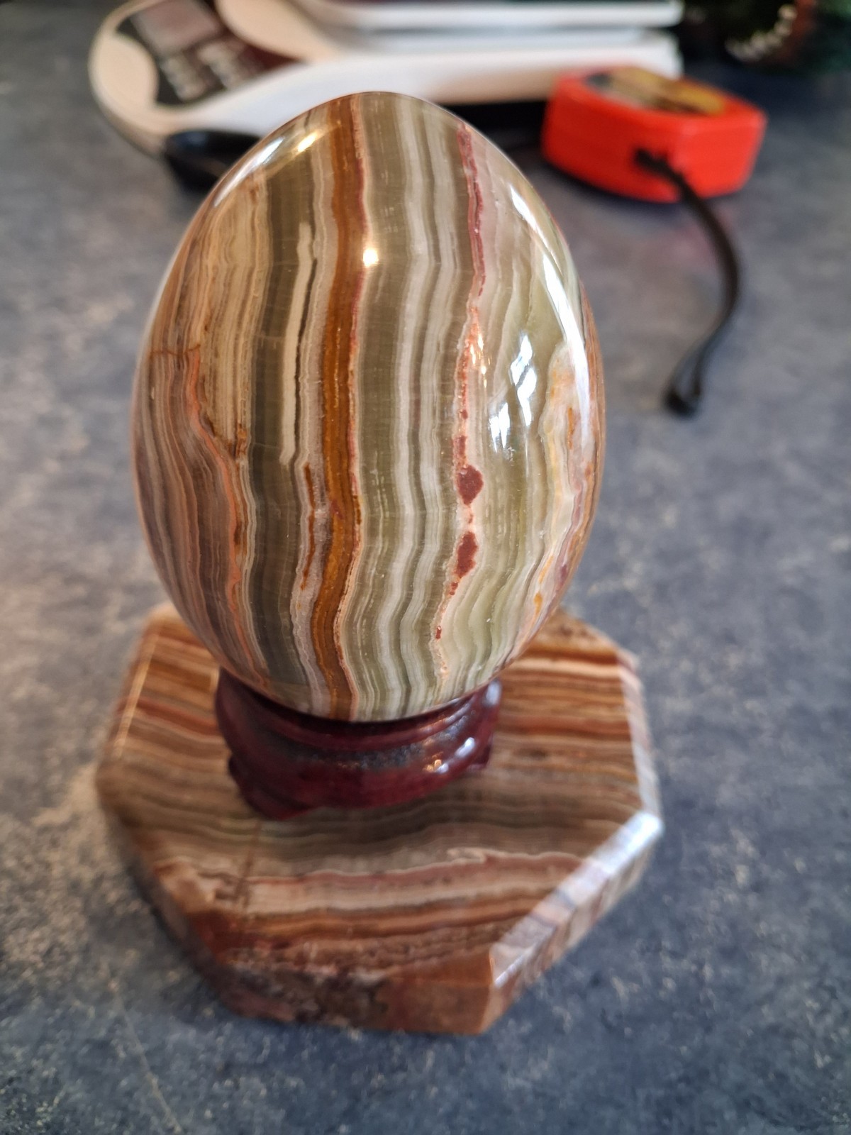 Banded Onyx Polished Egg Displayed on Hexagon Onx Base W/Wood Stand Beautiful!