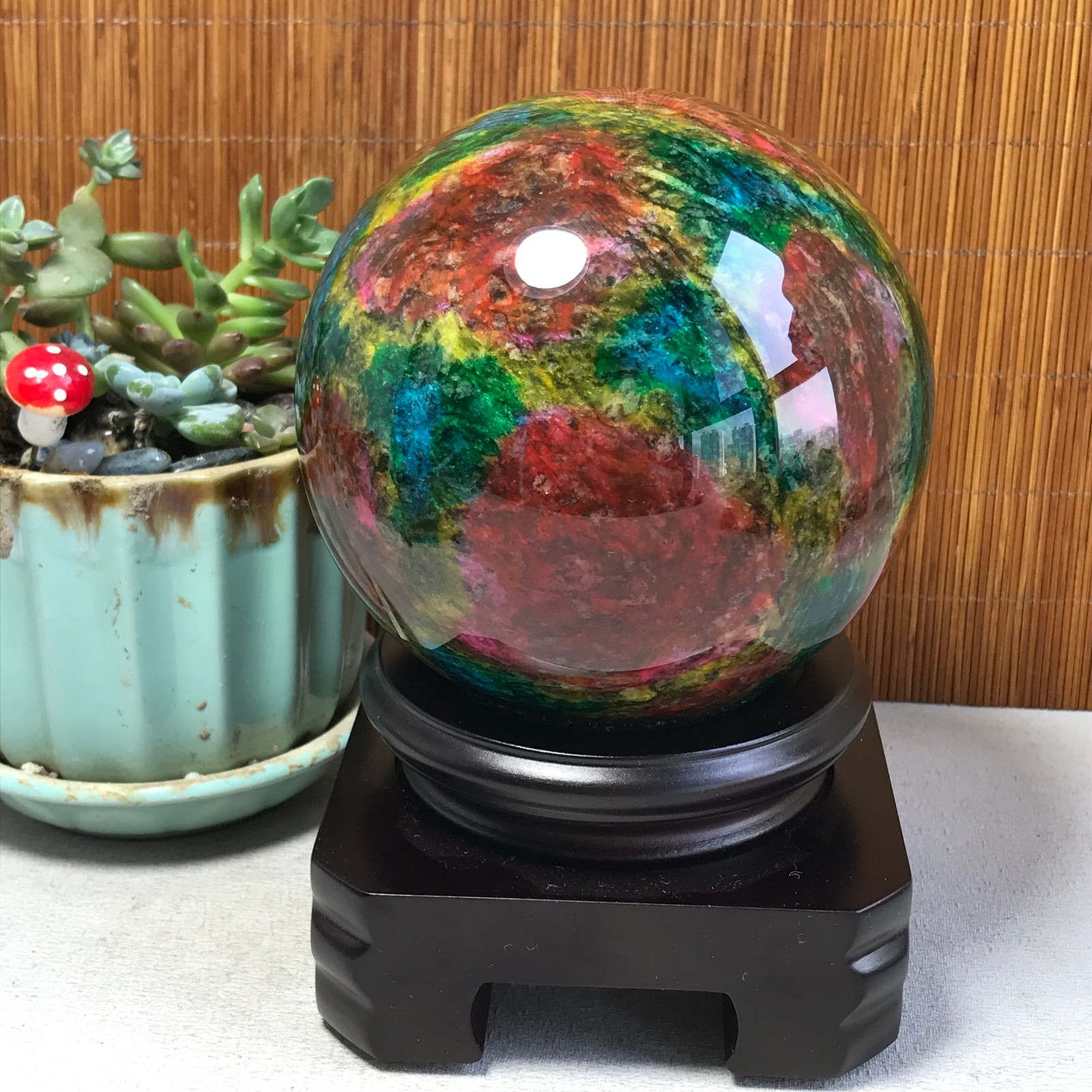 Natural “Seven Colors Jade” sphere Ball -Taiwan China 1.85kg Base Random A5809