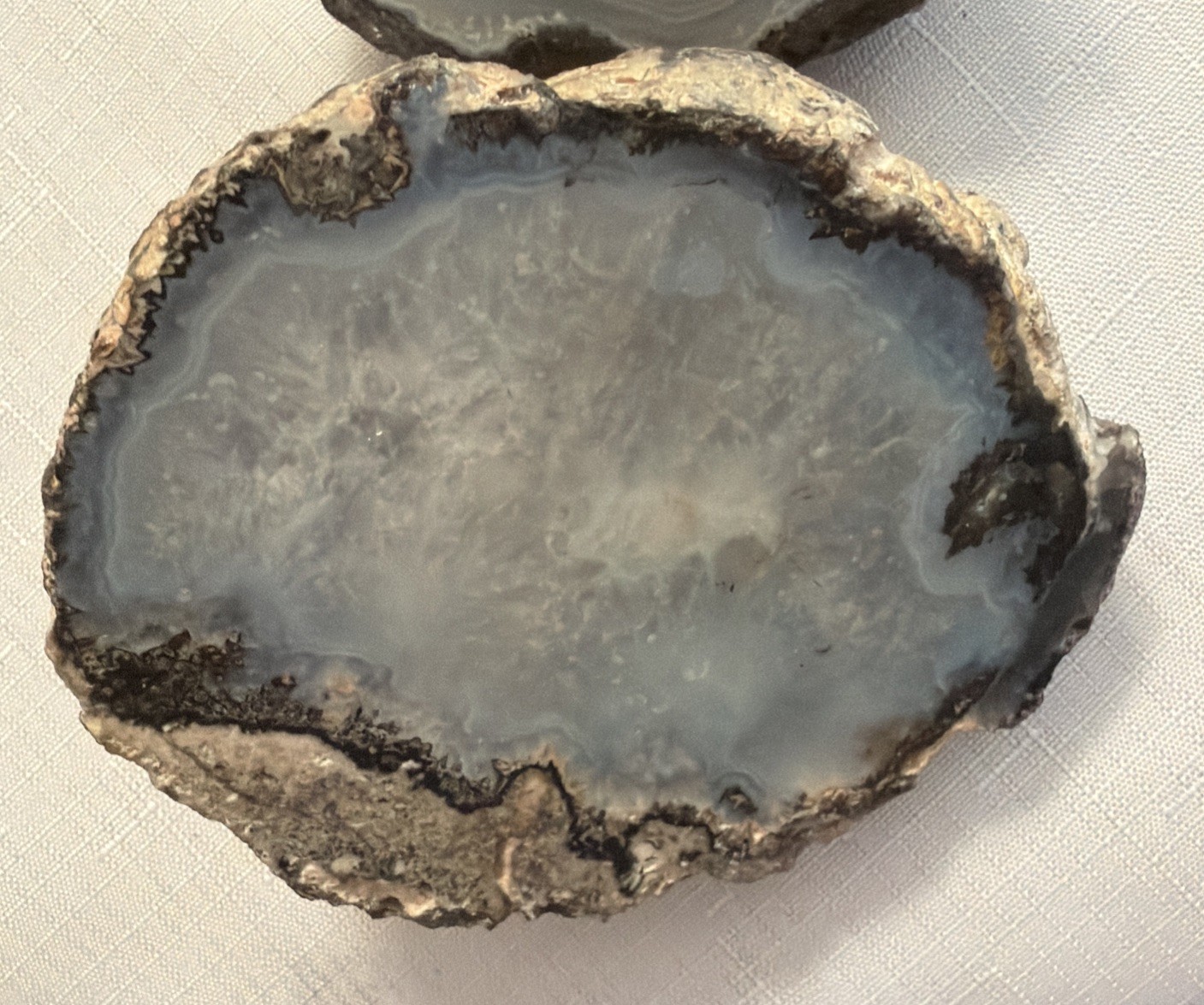 (2) 4” 814g Agate Geode Christal Cut and Polished Round Gray/Blue