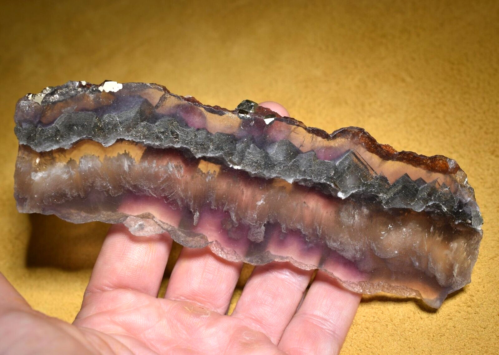 Fluorite With Pyrite & Barite Inclusions Polished Slab From Inner Mongolia China