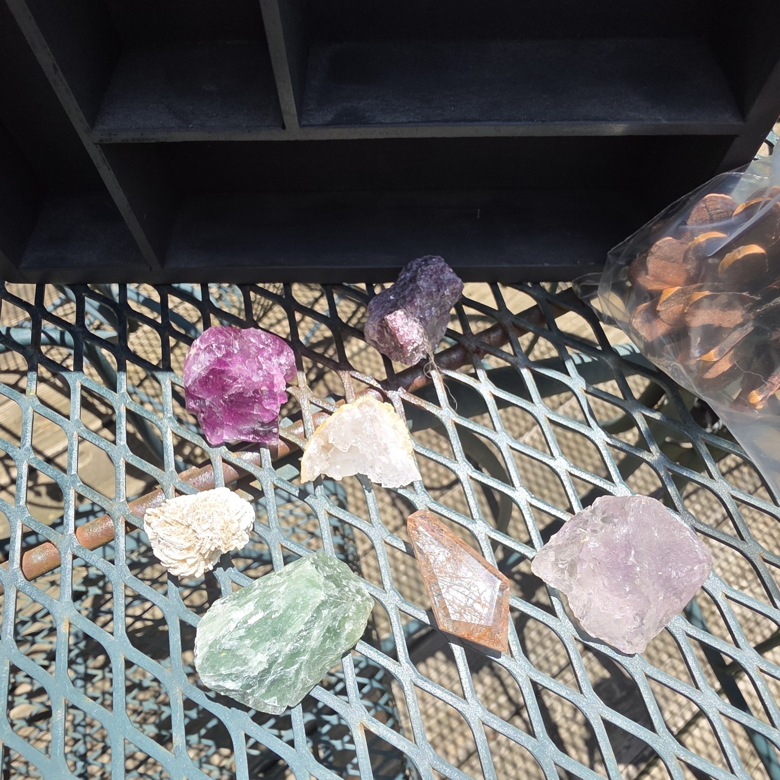Shelf And Crystal Lot. 7 Various Crystals 8 1/8 By 8 3/4. Black/Dk Grey