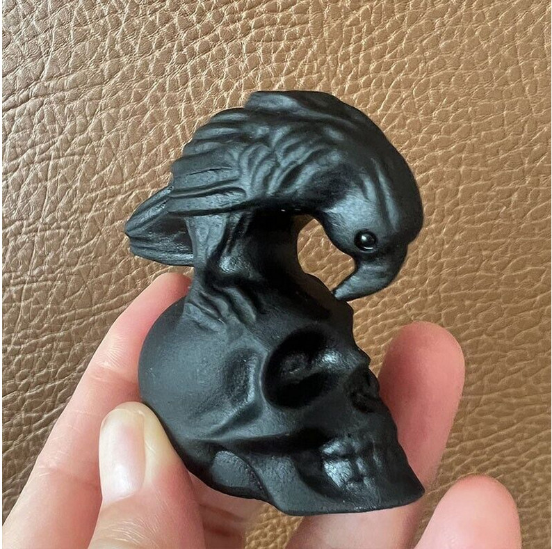 TOP ! Natural Hand Carved Obsidian Crow Skull Crystal Quartz Reiki Healing 1PC