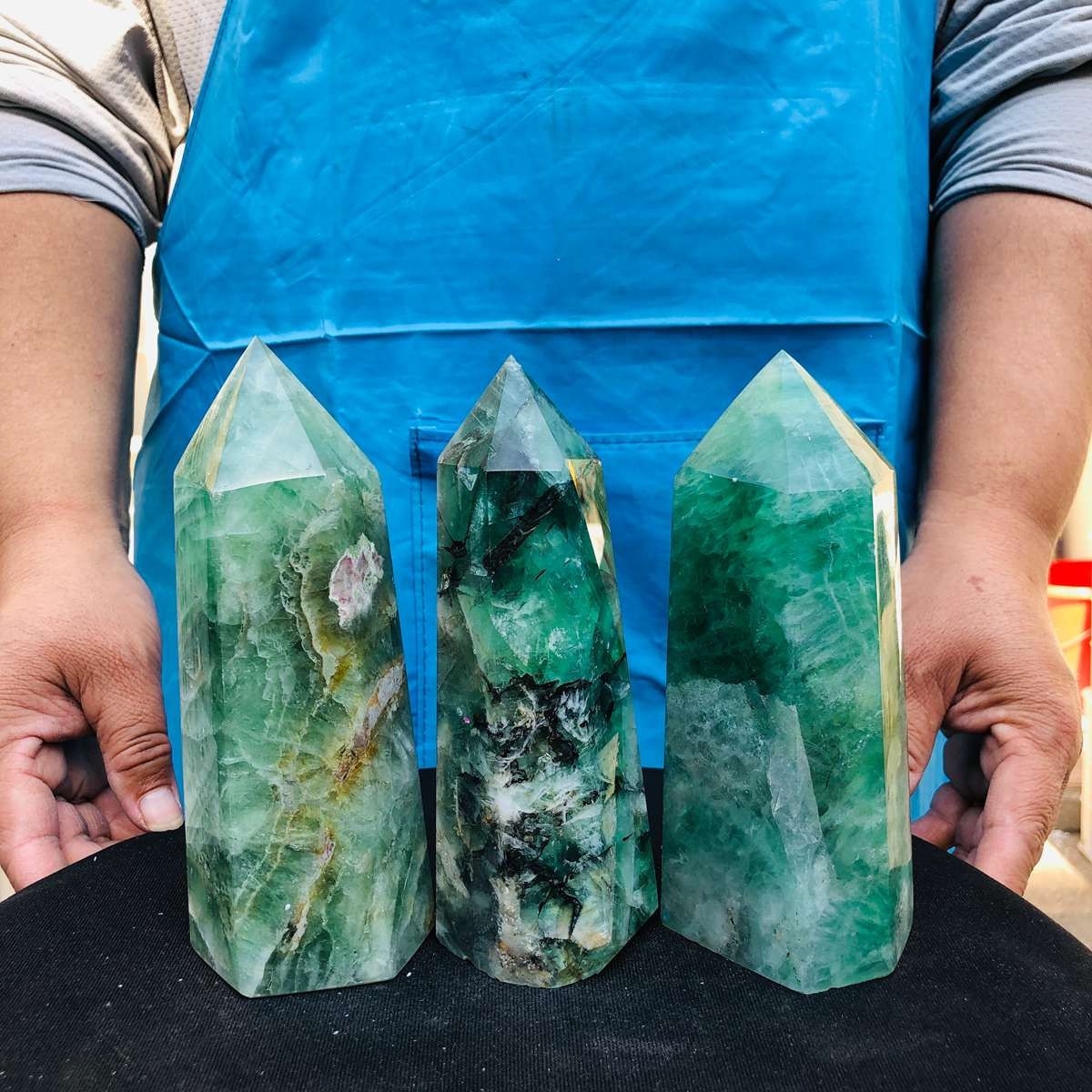 5.25LB 3pc Natural fluorite quartz obelisk crystal tower point healing decor