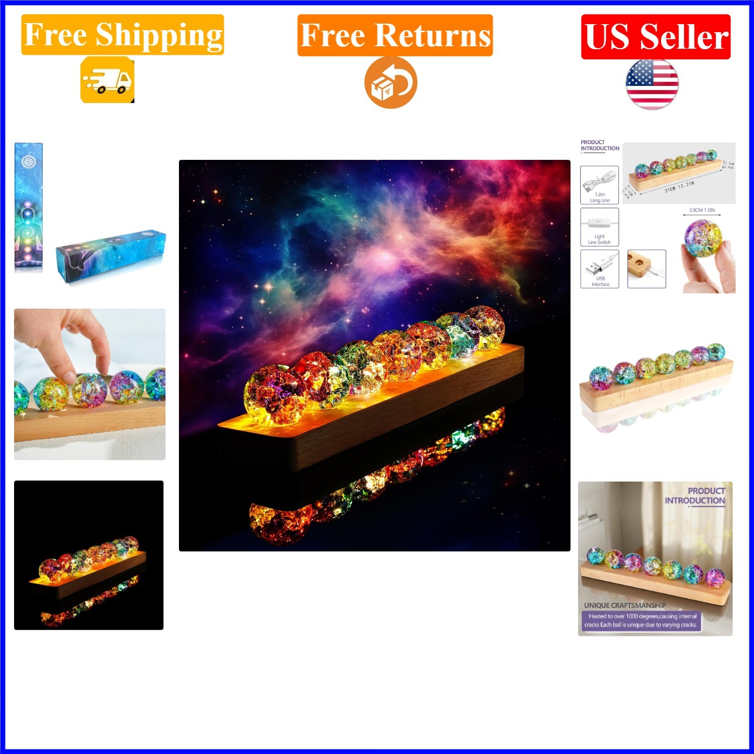 7pc Colorful Glass Healing Spheres with LED Wooden Stand Night Light