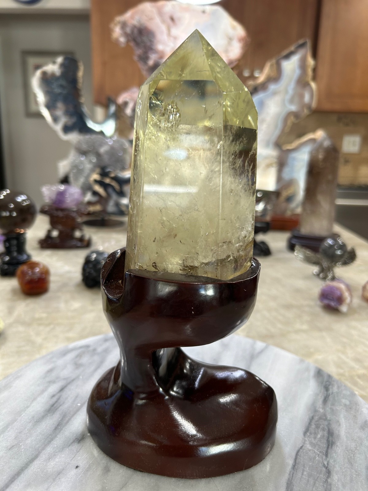 Citrine quartz crystal Freeform tower with custom wood stand