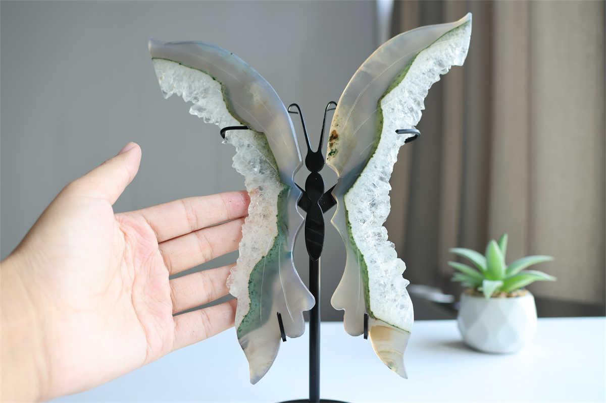 350g Natural Geode Agate Carved Butterfly Wing Reiki Crystal Decor Gift + Stand