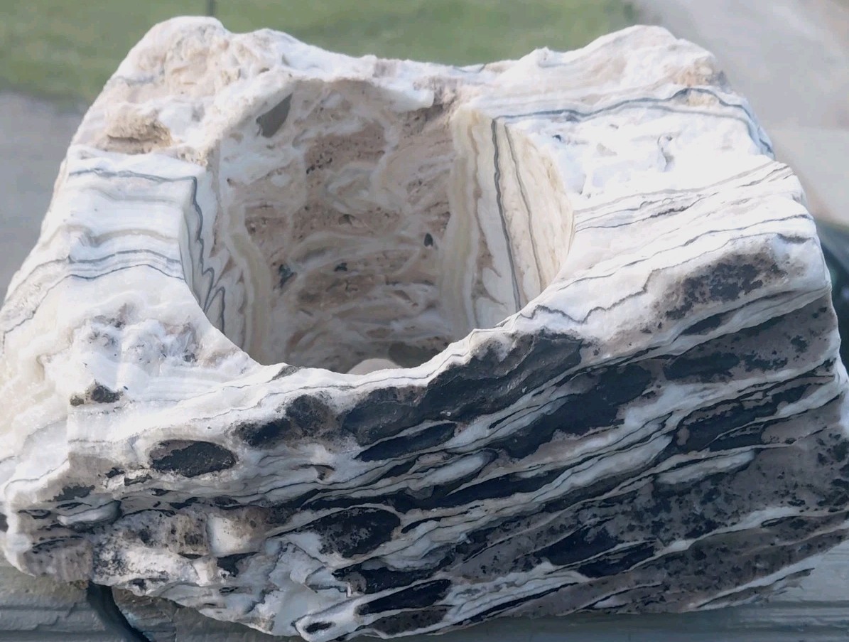 13.25Lb Zebra Calcite W CORED 4″ “Window” Display UV+ Bands Wrap Unique Décor