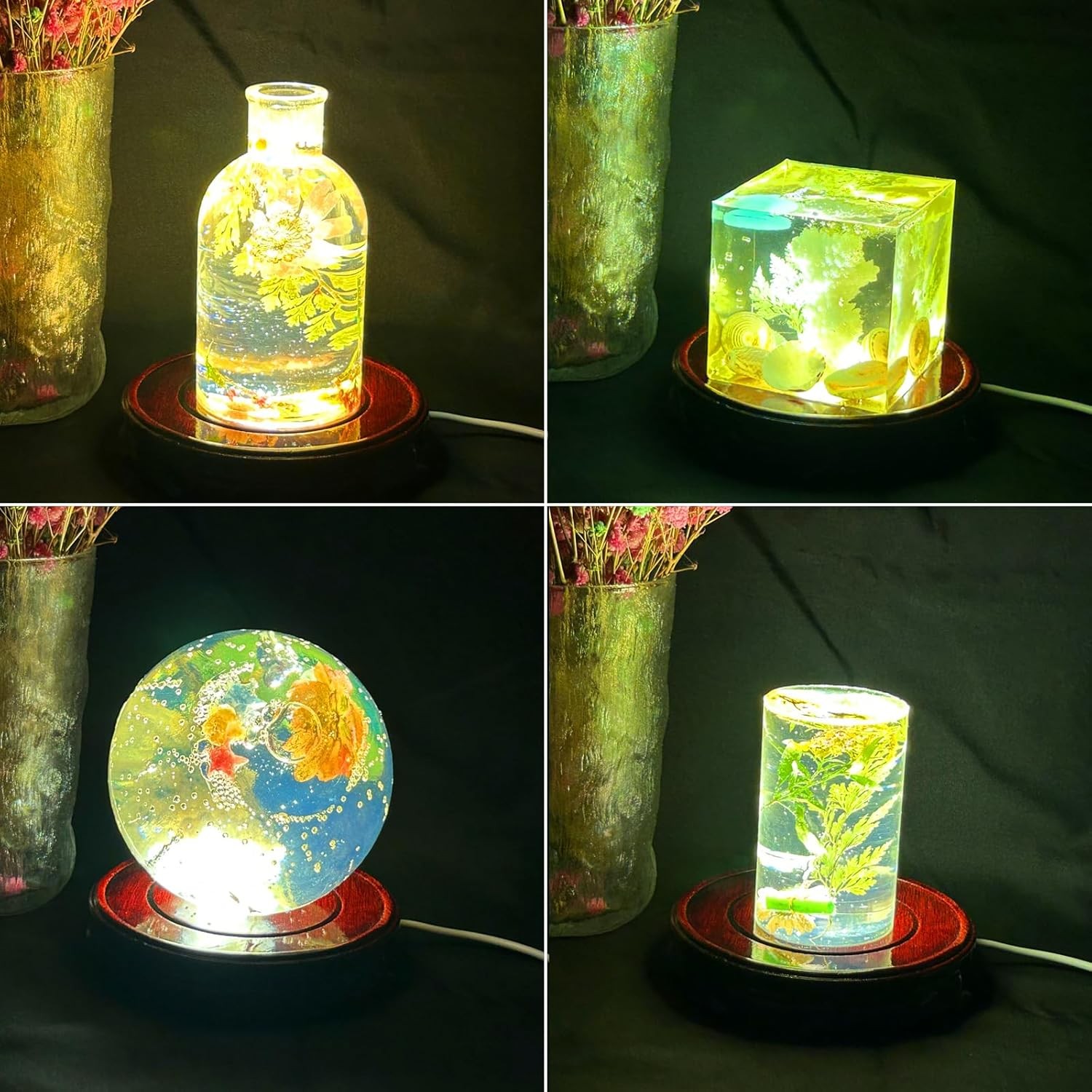 4.5″ Root Carving Wooden LED Display Base for Crystal Figurines Glass Resin Art