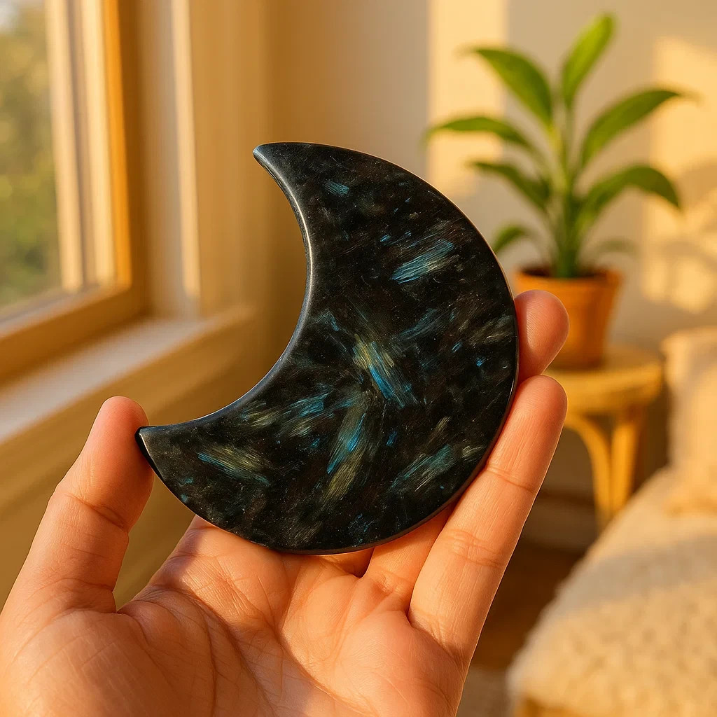 Arfvedsonite Moon Shape Stone Astrophyllite Worry Crystal Healing Energy Decor