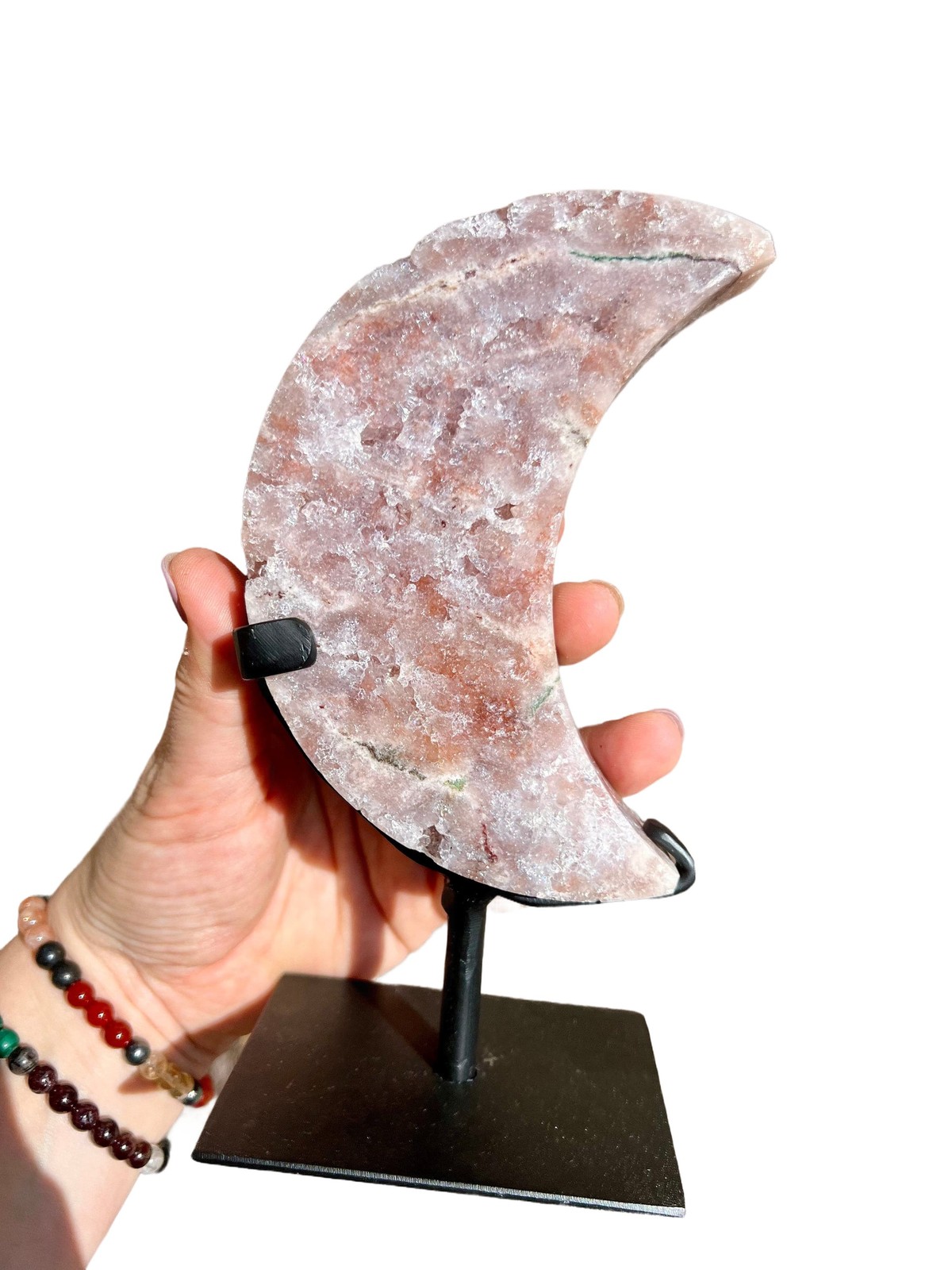 Pink Amethyst Moon on Metal Stand – No.3, Natural Pink Amethyst from Brazil