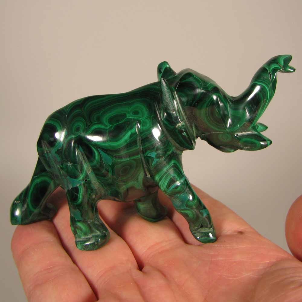 4″ Handcarved MALACHITE ELEPHANT Gemstone Animal Carving – Congo, Africa