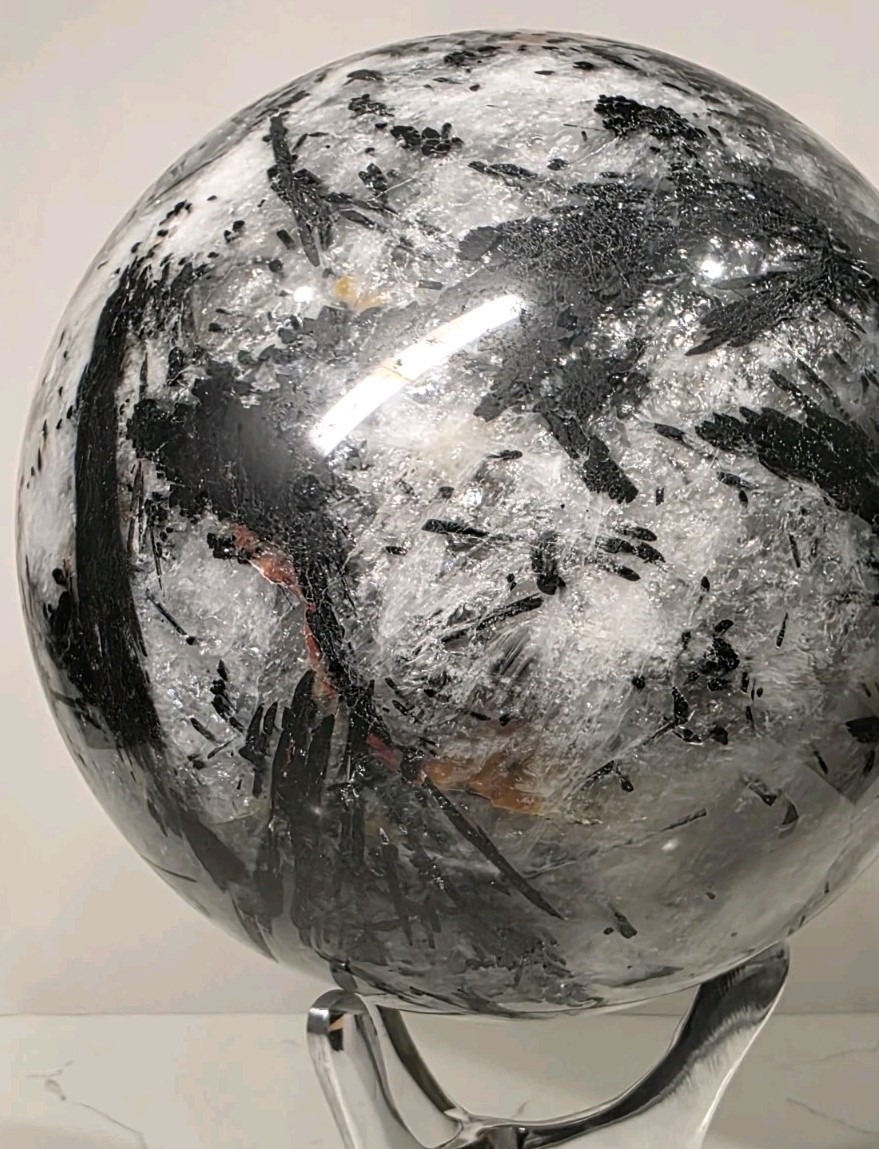 16.8LB 7″ Huge Tourmalinated Quartz Sphere Black Tourmaline Crystal Orb / Stand