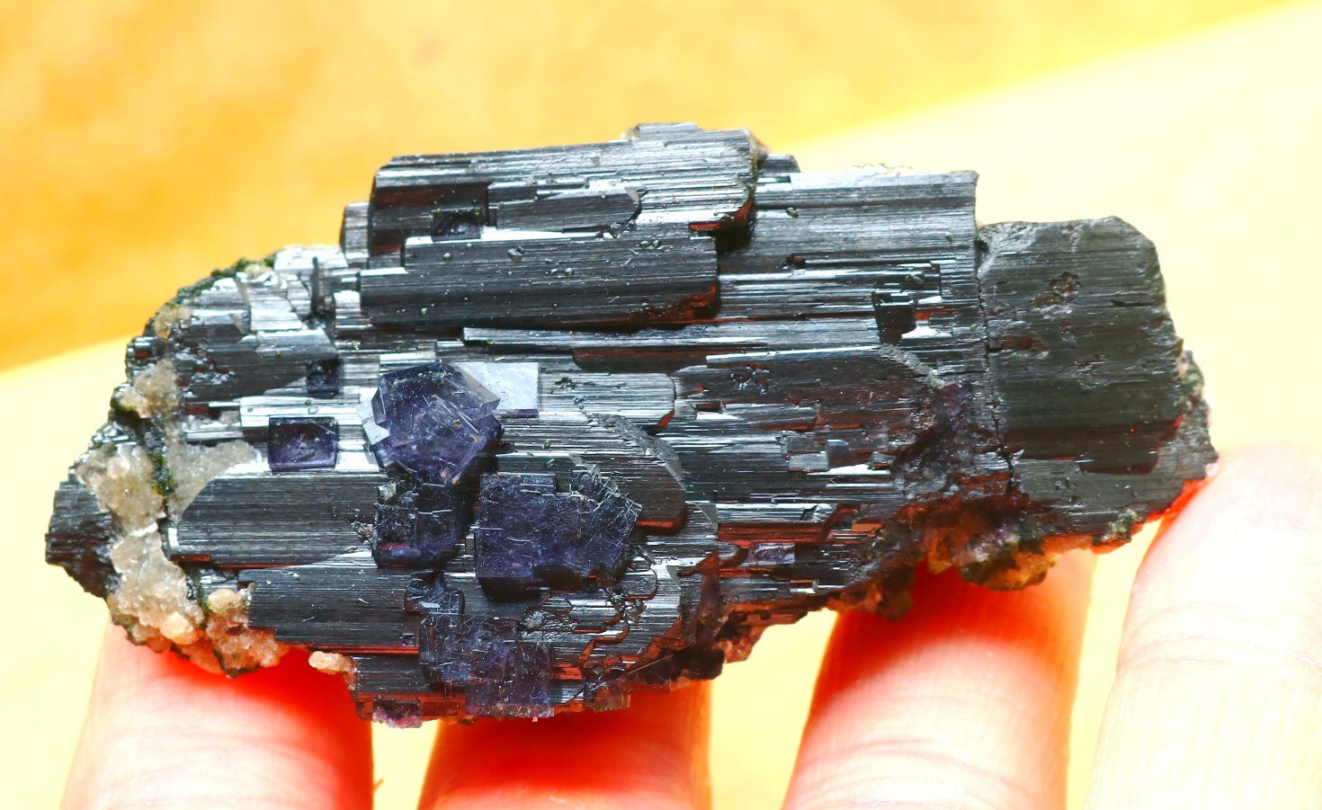 Natural”Hair” Blue Cubic fluorite Black tungsten ore mineral specimen/China