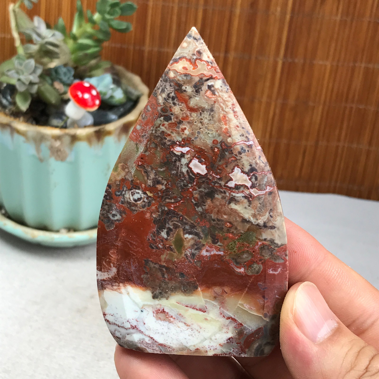 Natural money Mexico agate hand carve leaf Crystal Specimen free standing A6267