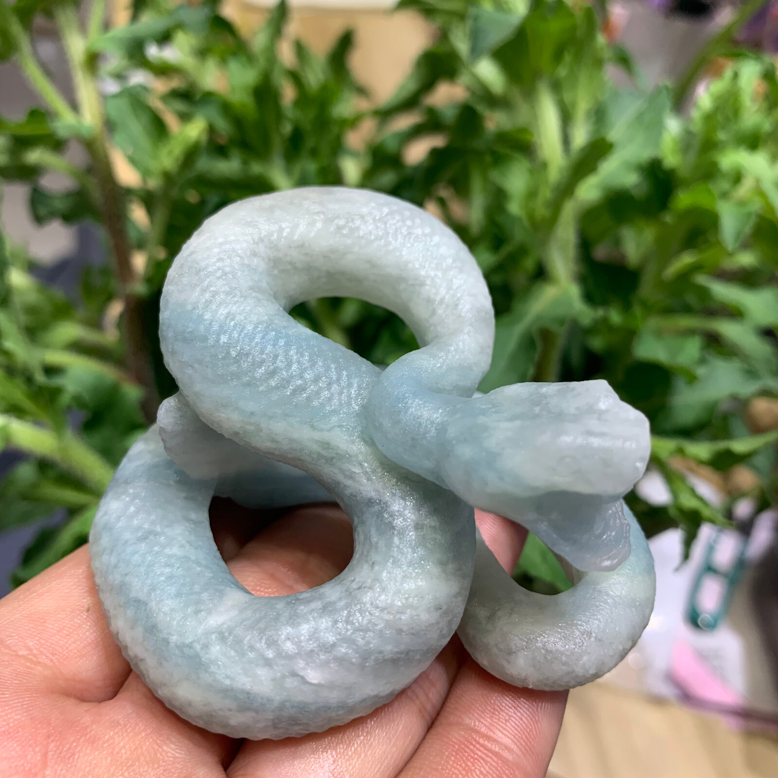 natural Blue sky and white clouds quartz crystal carved snake skull healing 1pc