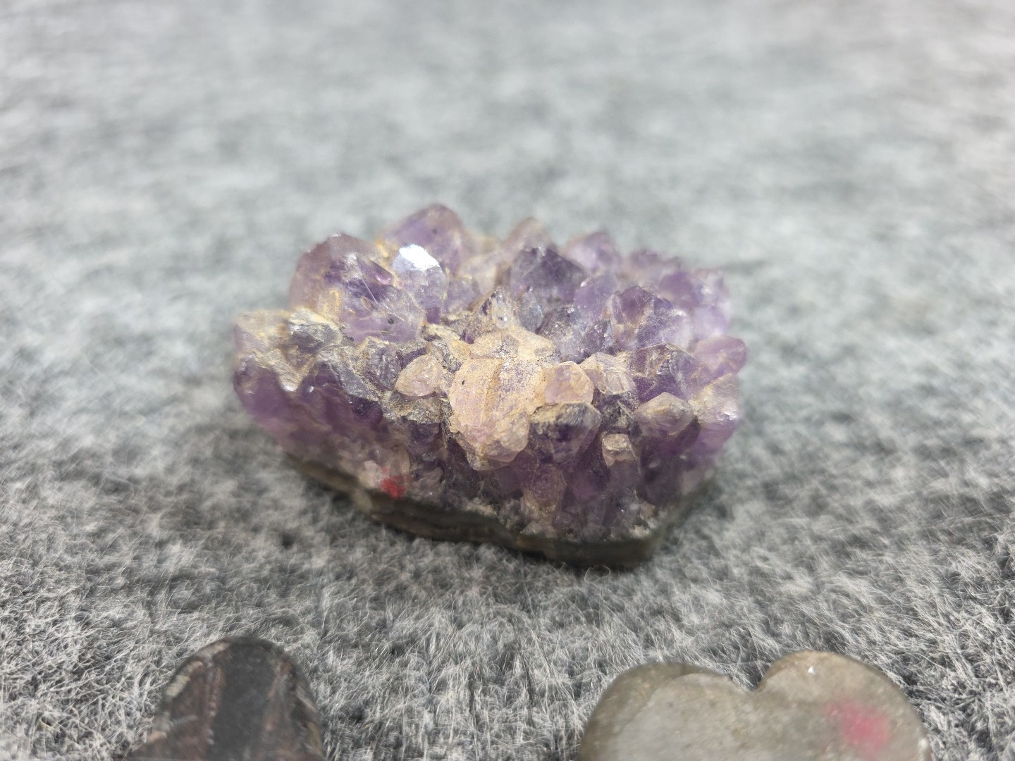 Amethyst Crystal Cluster Lot w Obsidian Cross & Gray Heart Carved Stones