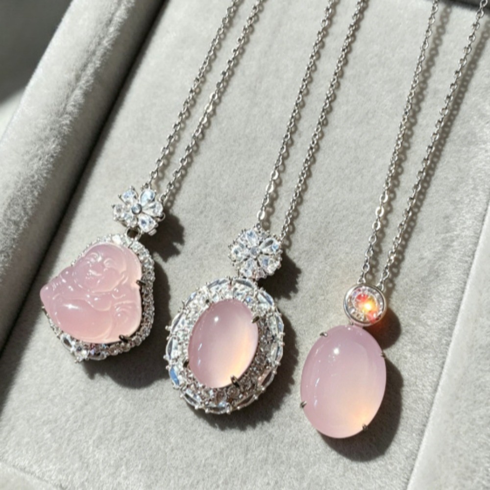 Pink Chalcedony Necklace Cubic Zirconia Pendant Necklace Gemstone Jewelry Gift