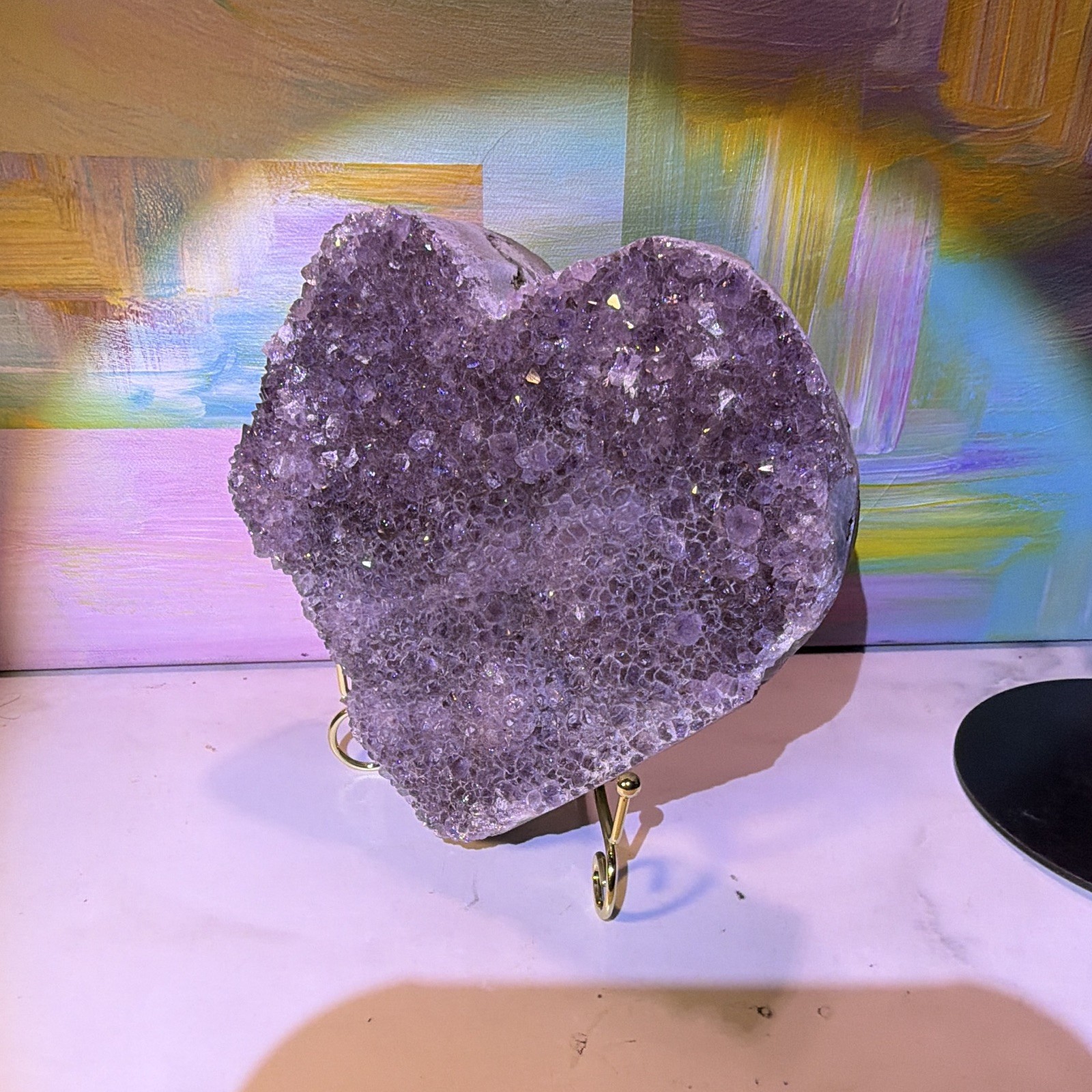 Heart-Shaped Purple Crystal Cluster Mineral Display Specimen on Metal Stand 8 in