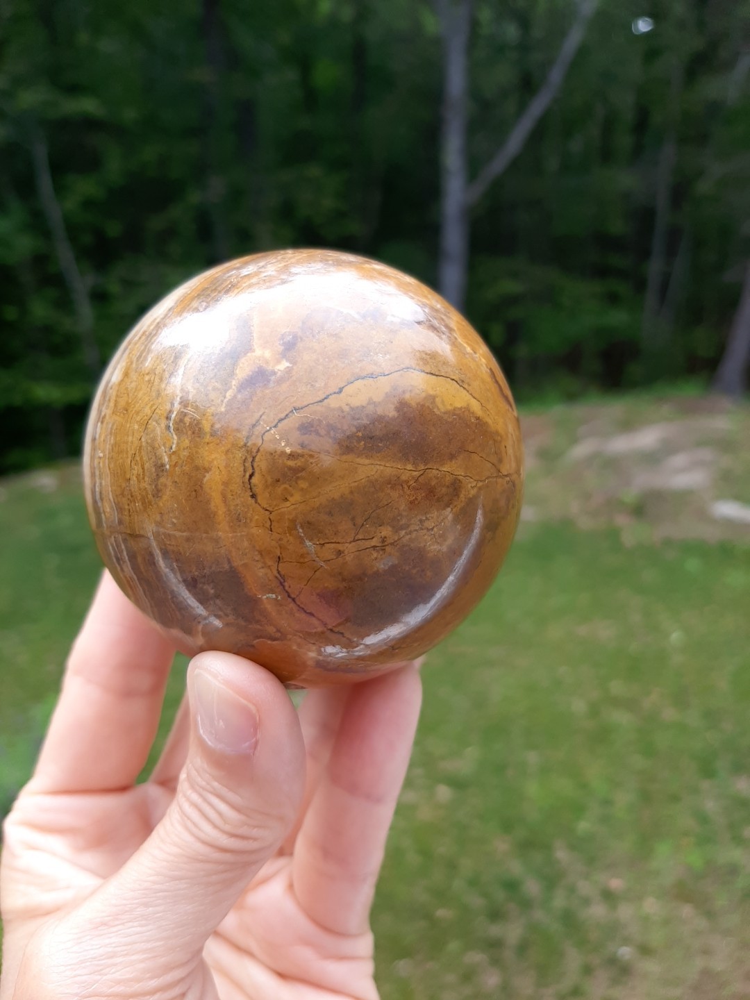 Banded Onyx Sphere Brown Tone Polished Stone Orb 3″ With Wood Stand