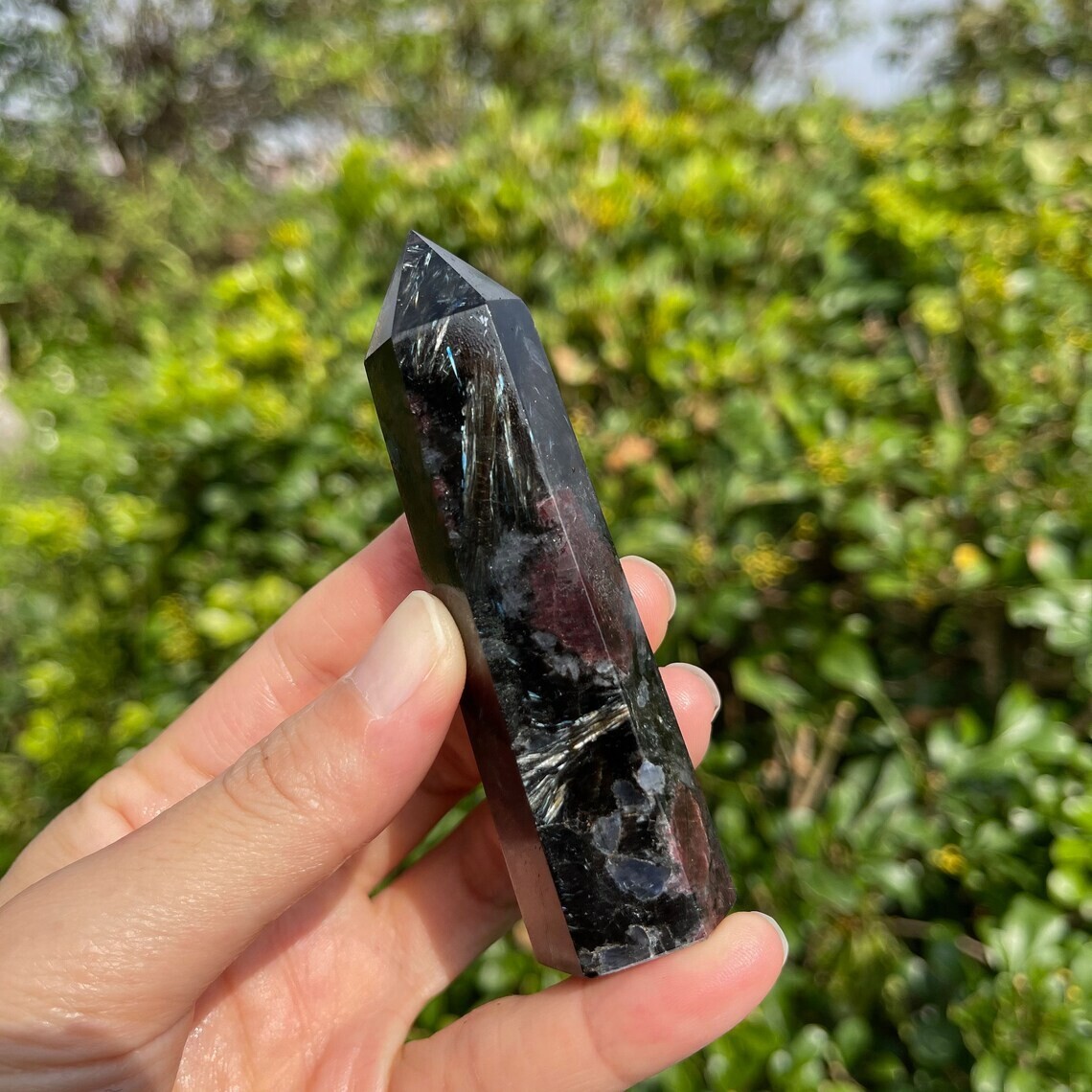 3~4 inch Garnet in Arfvedsonite Gemstone Point Obelisk Crystal Tower Decoration