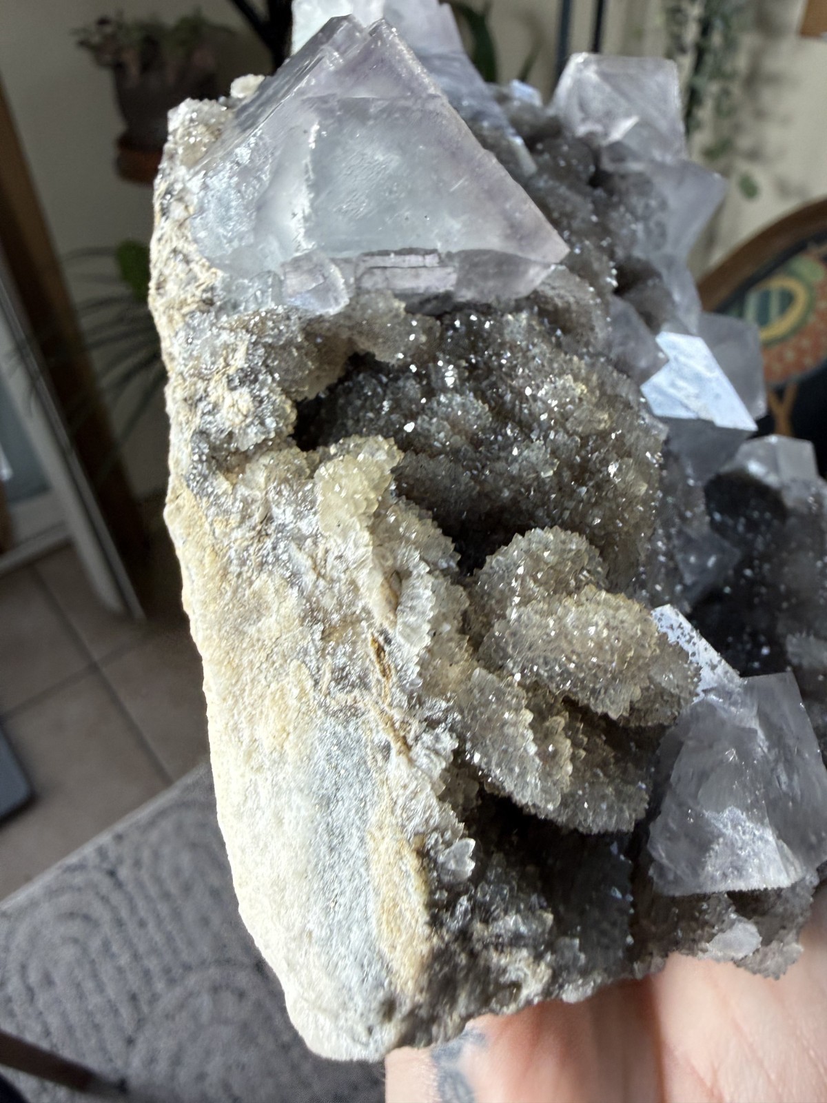 Sky Blue Cubic Fluorite on Smoky Quartz Crystal – 3.86lbs