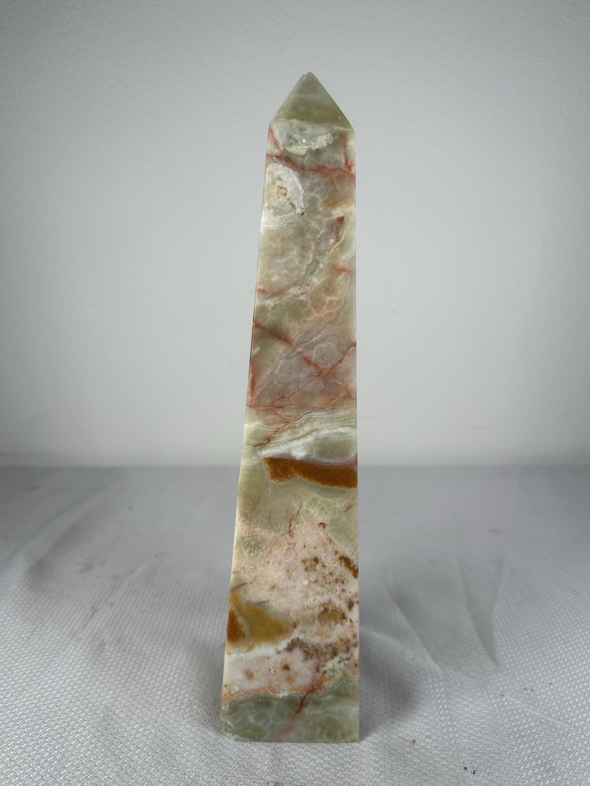 Natural Banded Onyx Green Brown White Obelisk Tower HEAVY 13.5″ Tall Paperweight