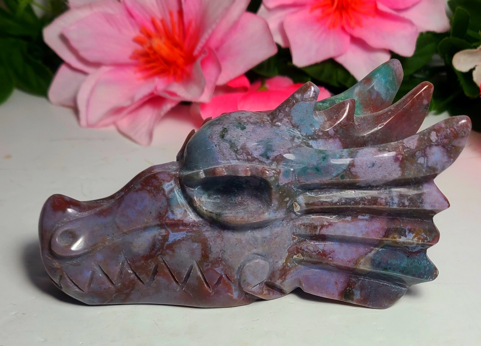 Large 5″ 435g Elegant A++ Ocean Jasper Dragon Head Skull Carving Stone Statue
