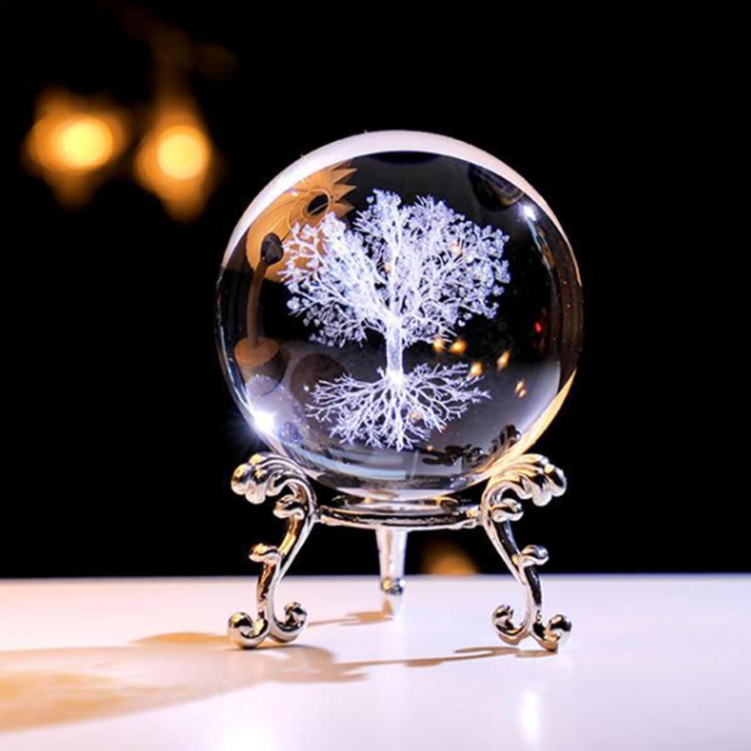 Tree of Life Crystal Ball with Stand, 60Mm 3D Laser Engraved Glass Sphere Decora