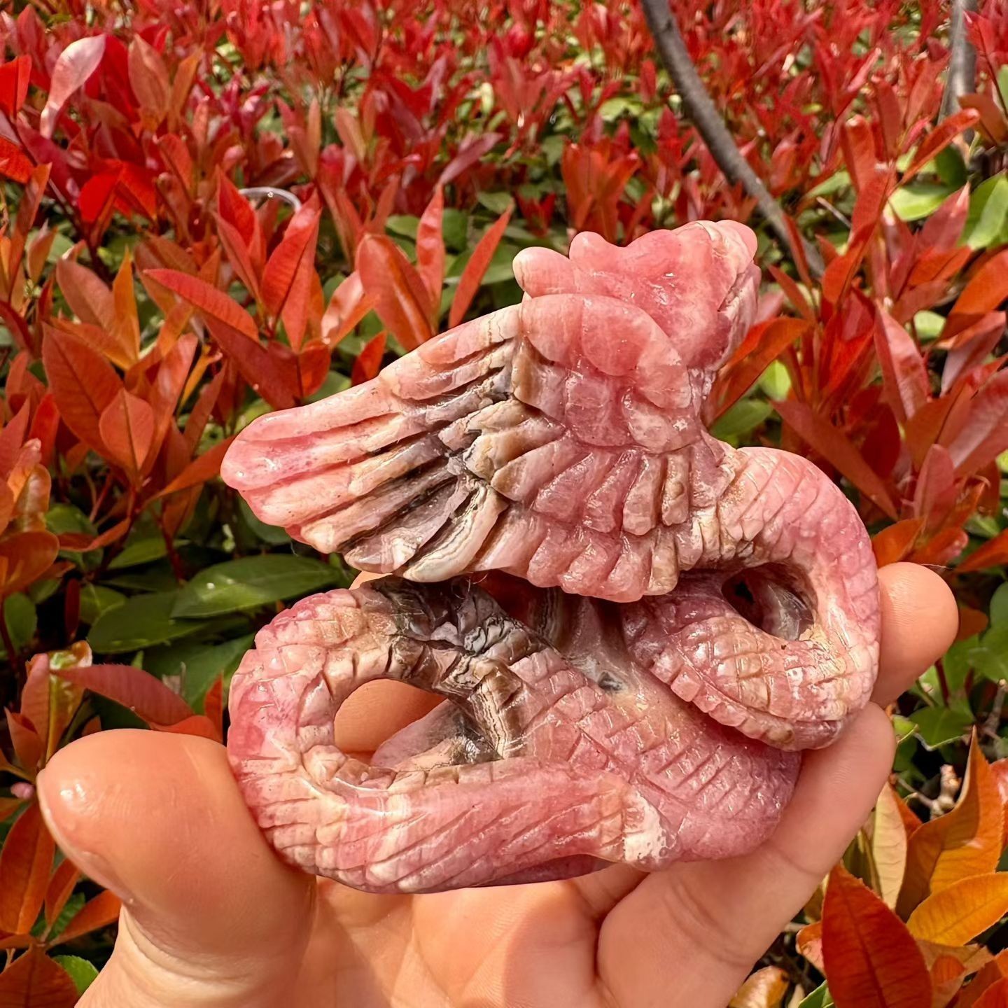 449g Natural Rhodochrosite Quartz Carved nine-tailed fox Crystal Reiki Healing