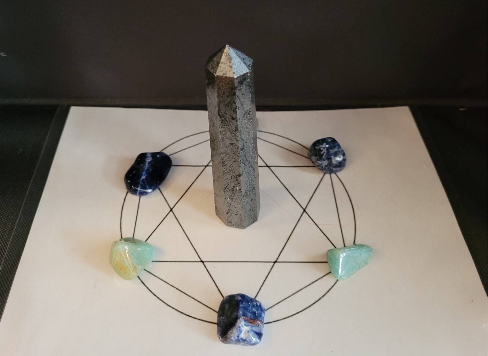 Clarity & Focus Crystal Grid – Hematite Tower, Sodalite & Chrysoprase tumbles
