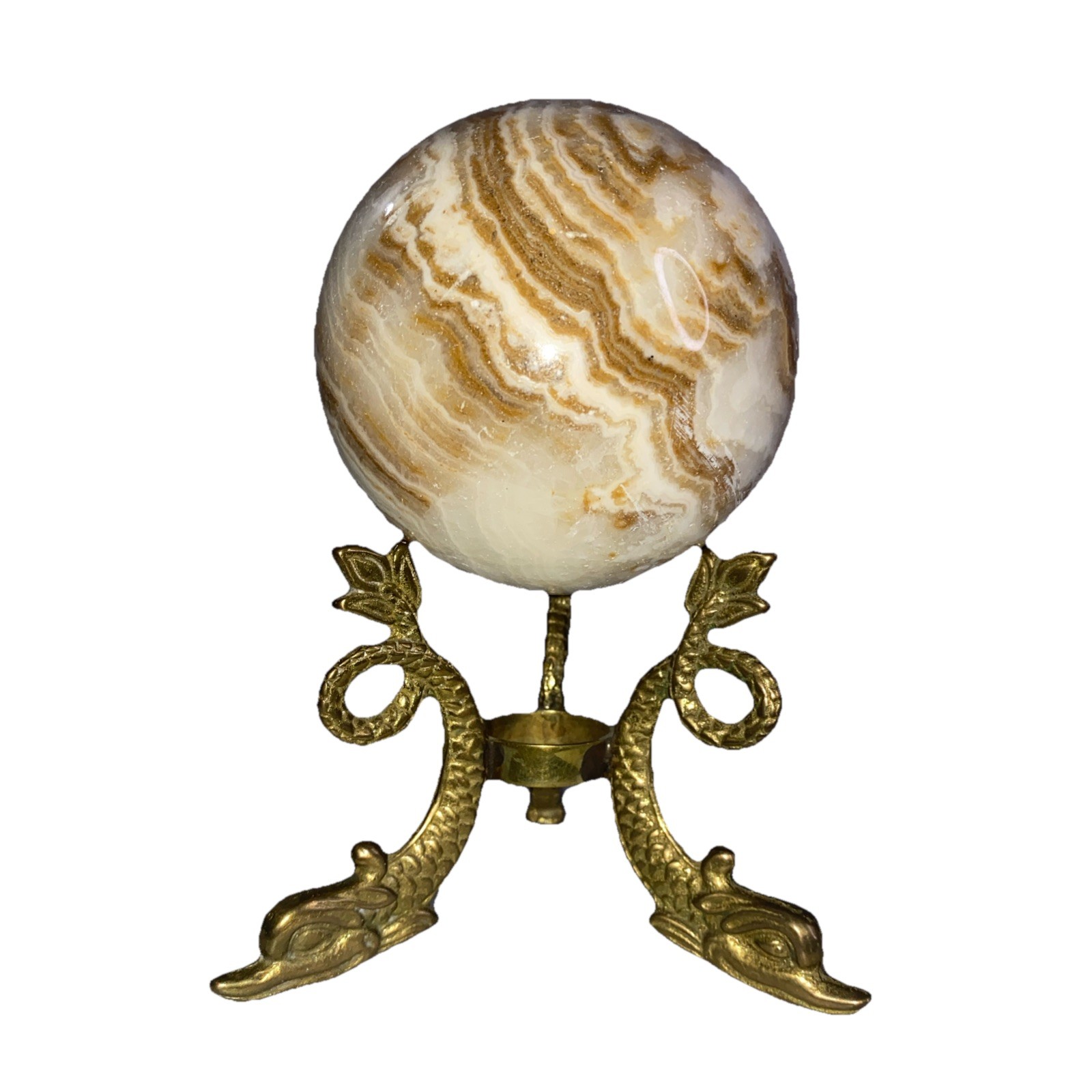 Onyx Marble Sphere Ball w/ Brass Dragon Stand Banded Calcite Decor