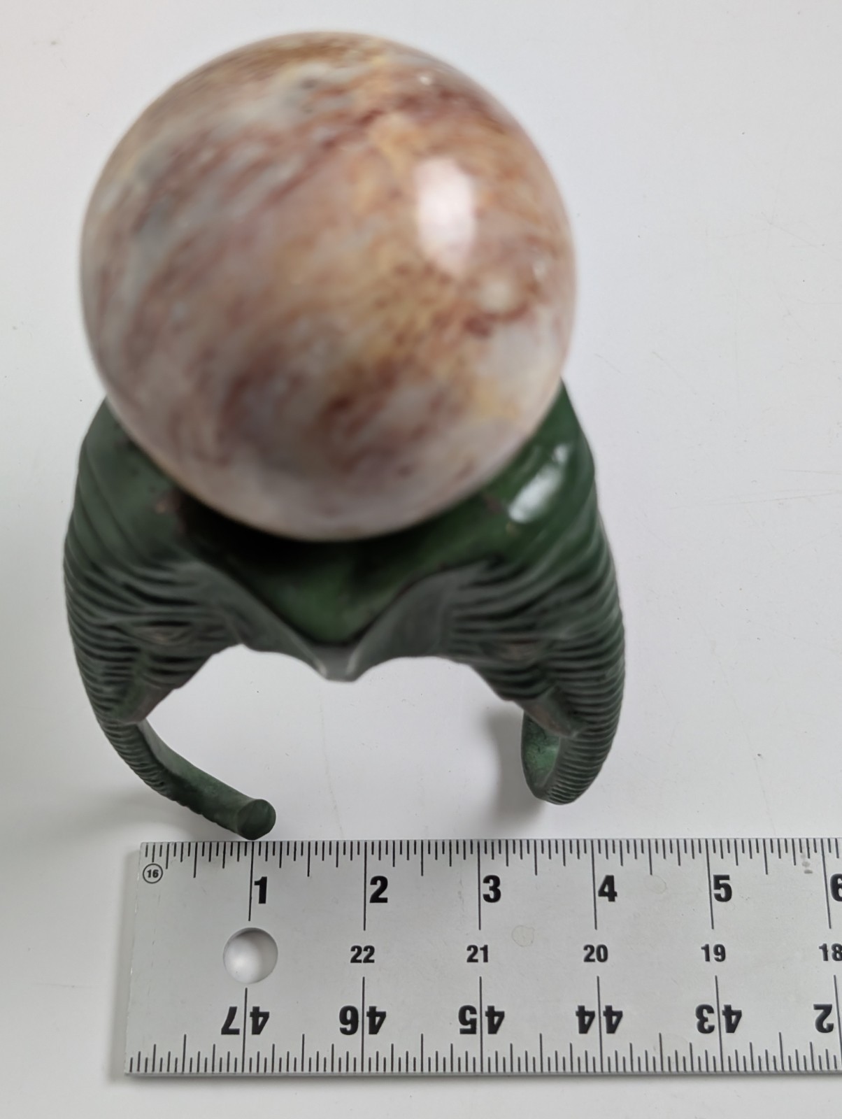 Elephant Head Sphere Stand w Marble Onyx Ball Verdigris Green 8″