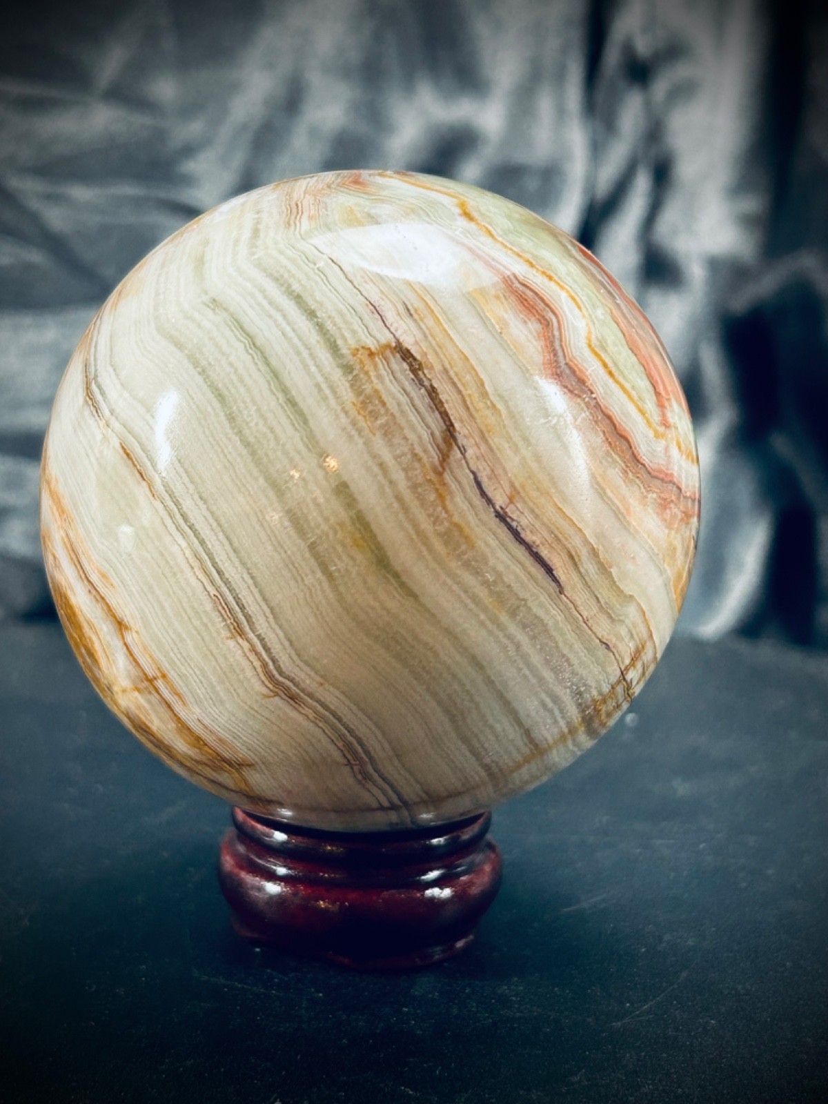 2.95″ Banded Calcite (Green Banded Onyx) Sphere with Wood Stand 1lb 5oz