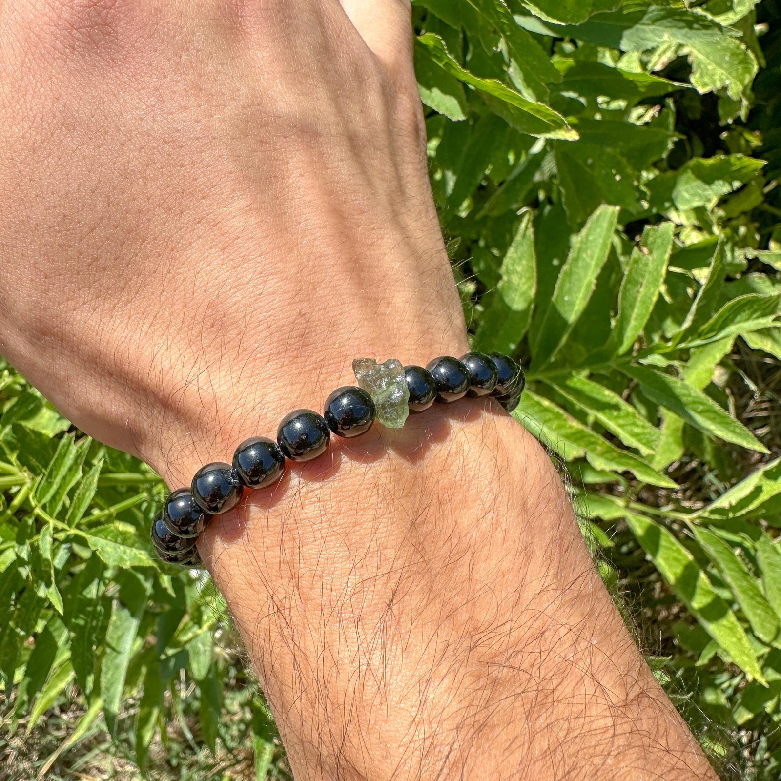 Black Tourmaline + Moldavite Bracelet / Raw Natural Green Czech Republic Tektite