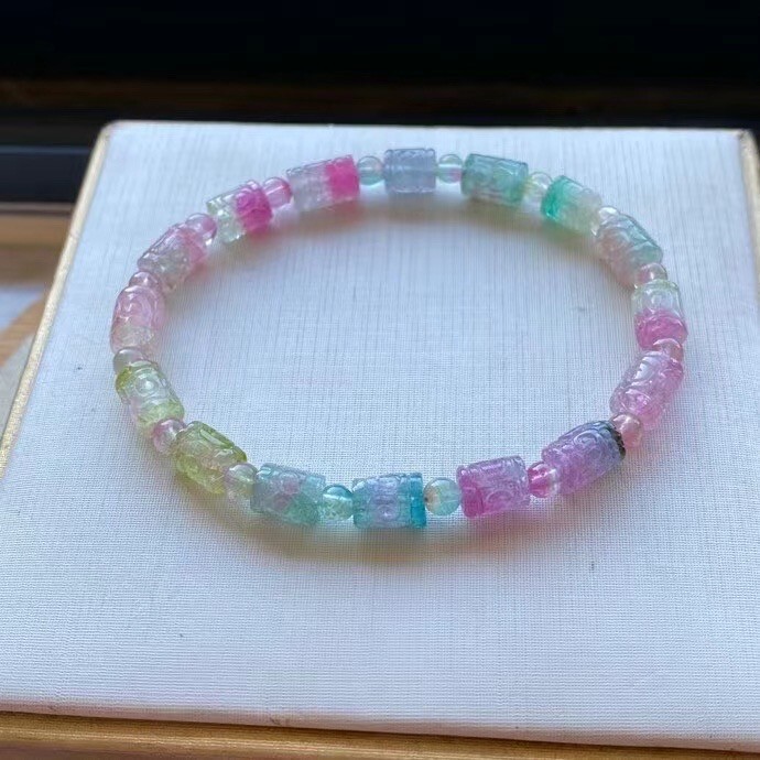 11.5g TOP Natural Rainbow watermelon tourmaline Gemstone Bucket bead bracelet A+