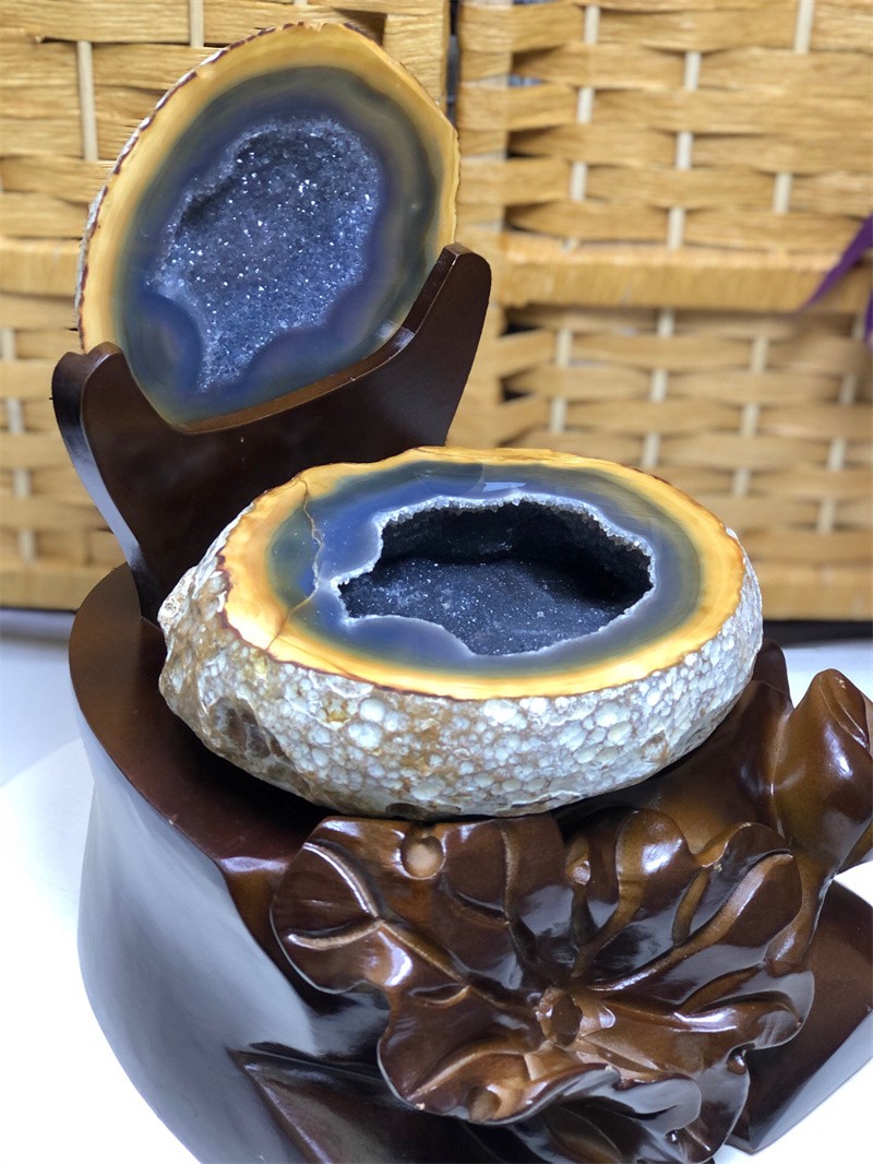 8.14LBNatural Agate Crystal Geode Quartz Bowl Wealth Spirit Energy Healing+Stand