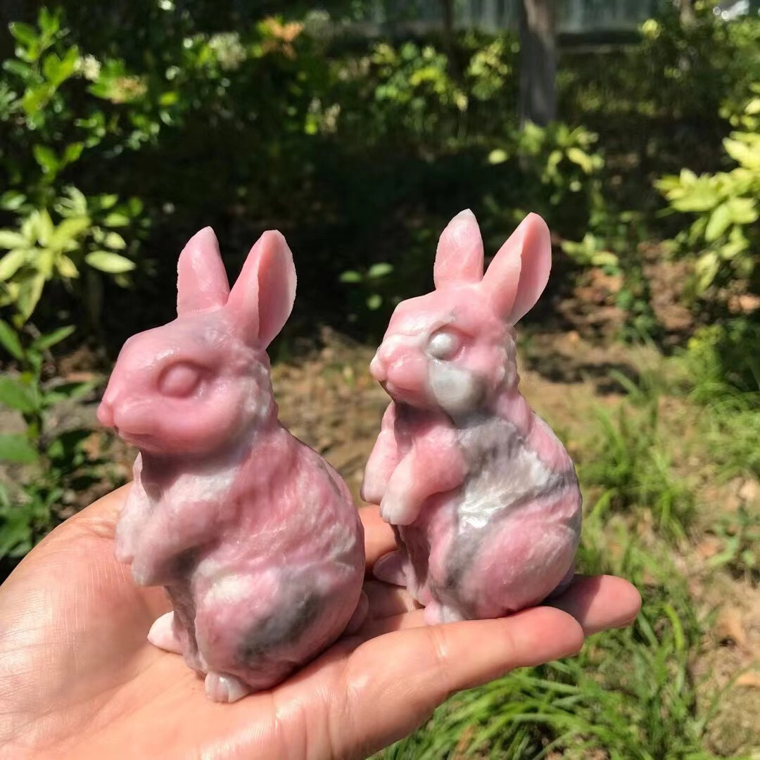 1pc natural Pink opal quartz crystal handmade rabbit skull healing gift decor