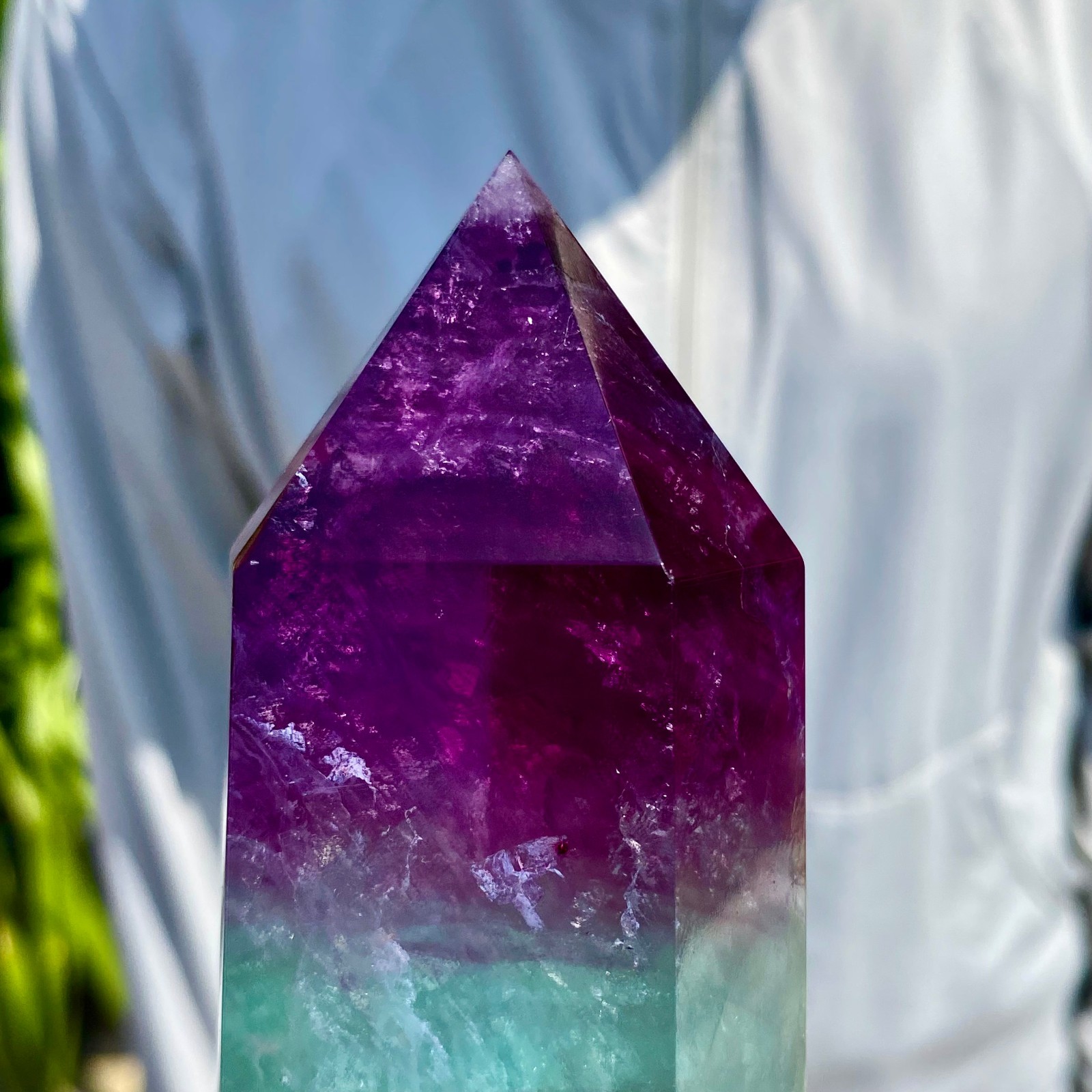 2.27LB Natural Rainbow Fluorite Obelisk Quartz Crystal Wand Tower Point Healing