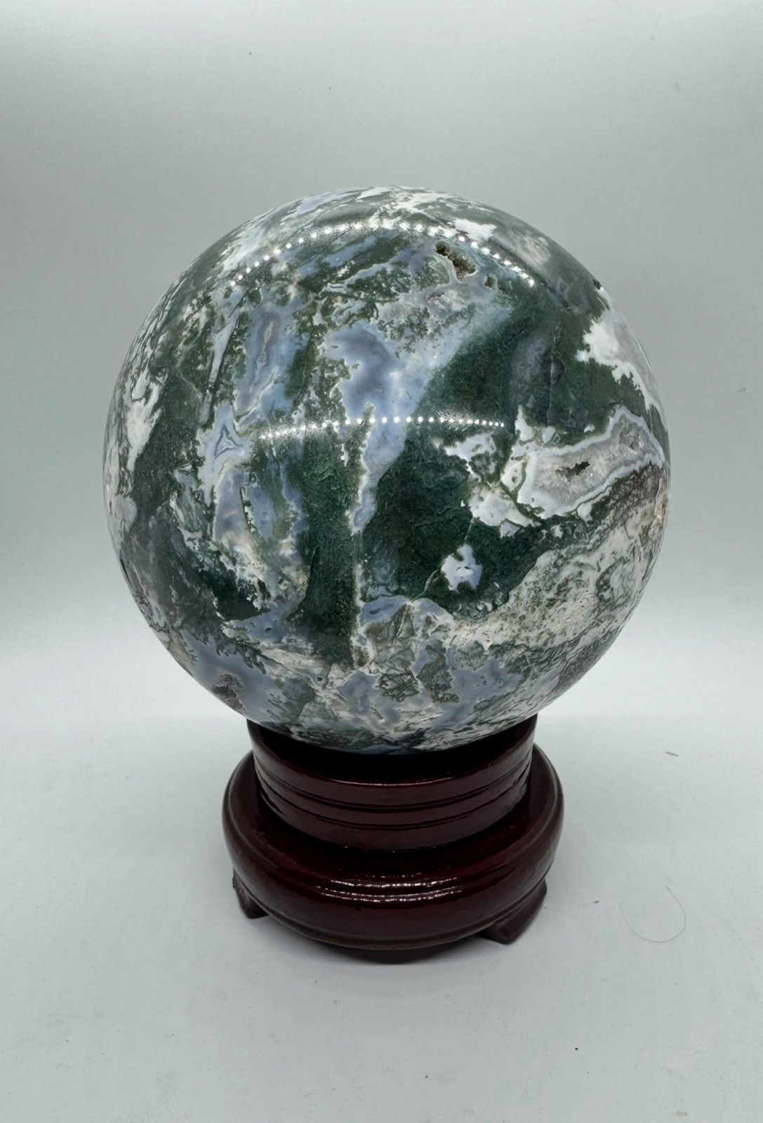 11 pound Polished Moss Agate Green White Crystal Sphere with Wooden Stand