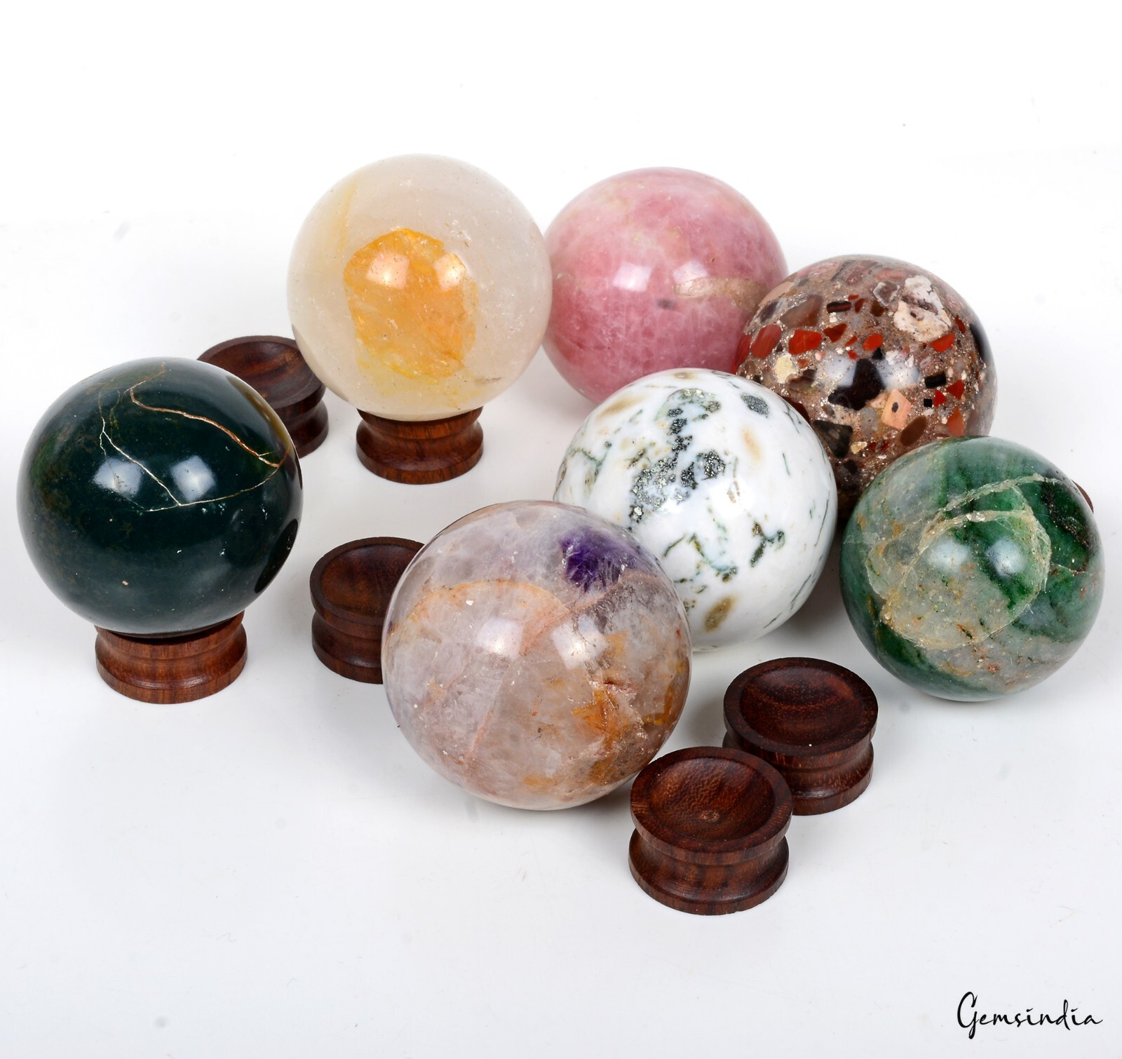 1.28 Kg 7 Pc Set Of Multi gemstone Crystal Sphere Ball Polished Healing w/ Stand