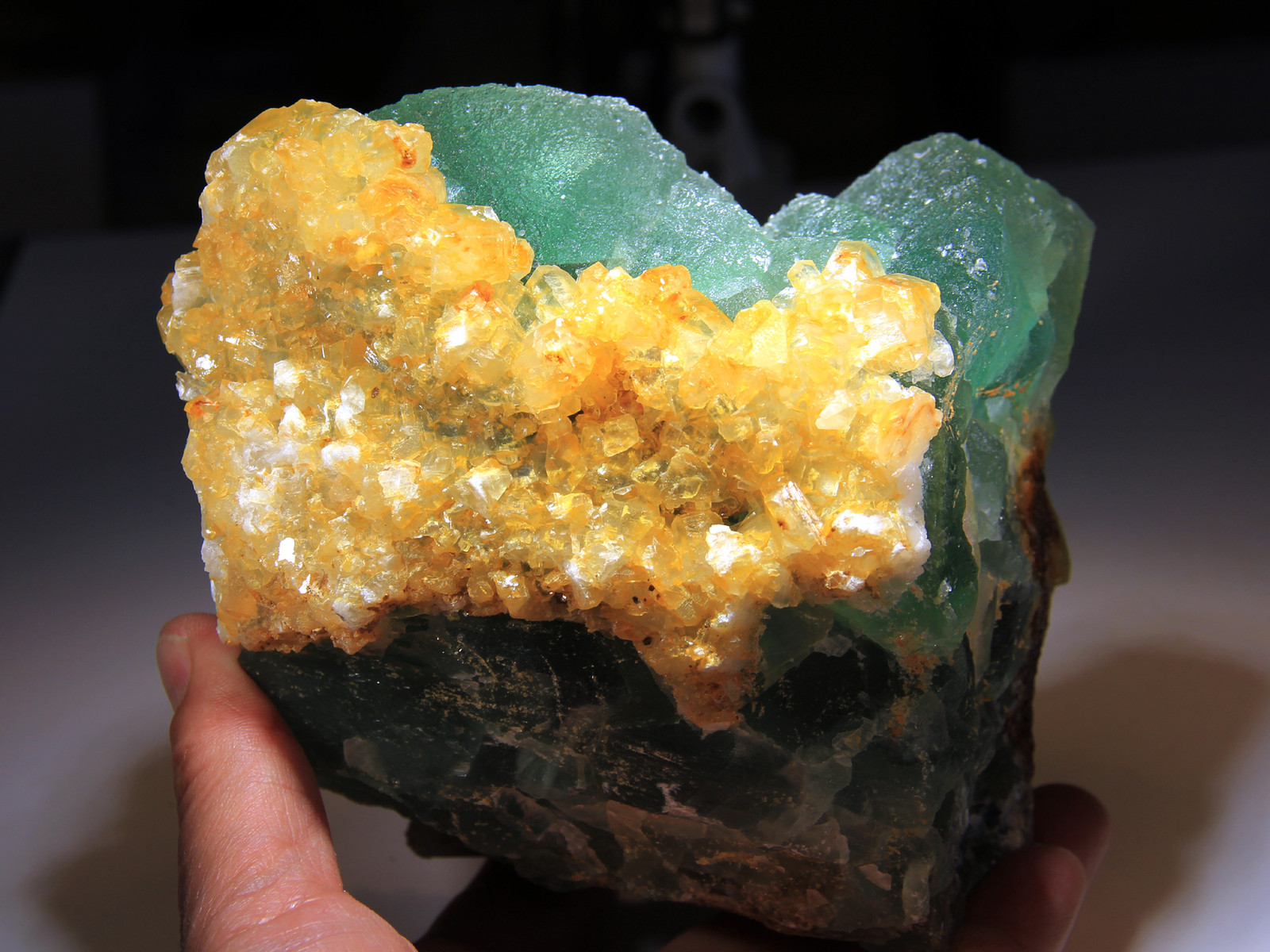 5.75″ Golden Barite on Green Fluorite, Super Color Contrast! Hunan, China! FL265