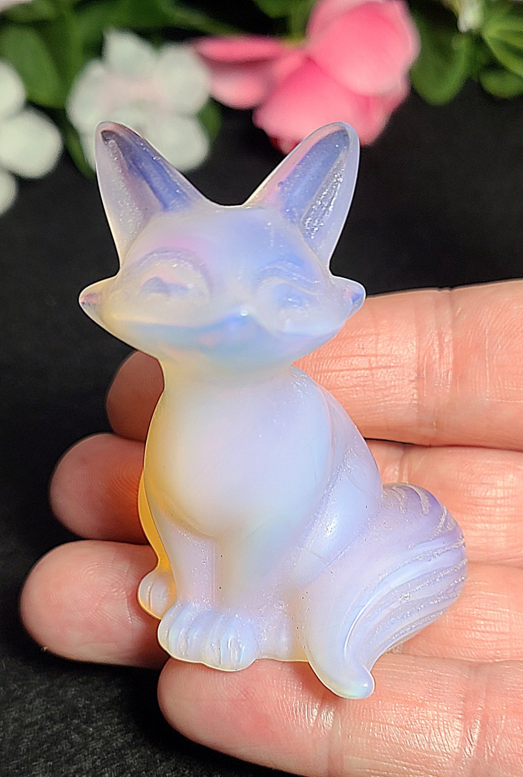 2.4″ 69g Elegant Pink Opalite Fox Kitsune Crystal Stone Carving Statue