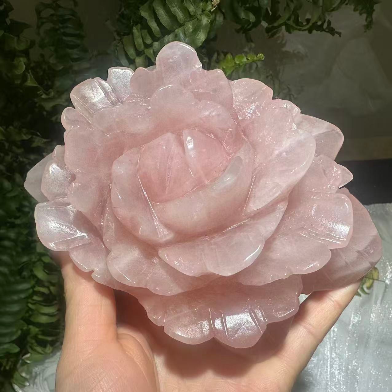 1pc Natural Pink Rose Quartz Carved Crystal Flower Skull Reiki Healing Decor