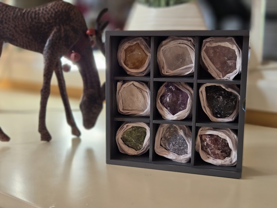 Set of Nine Crystals and Healing Stones Decorative Display Showcase