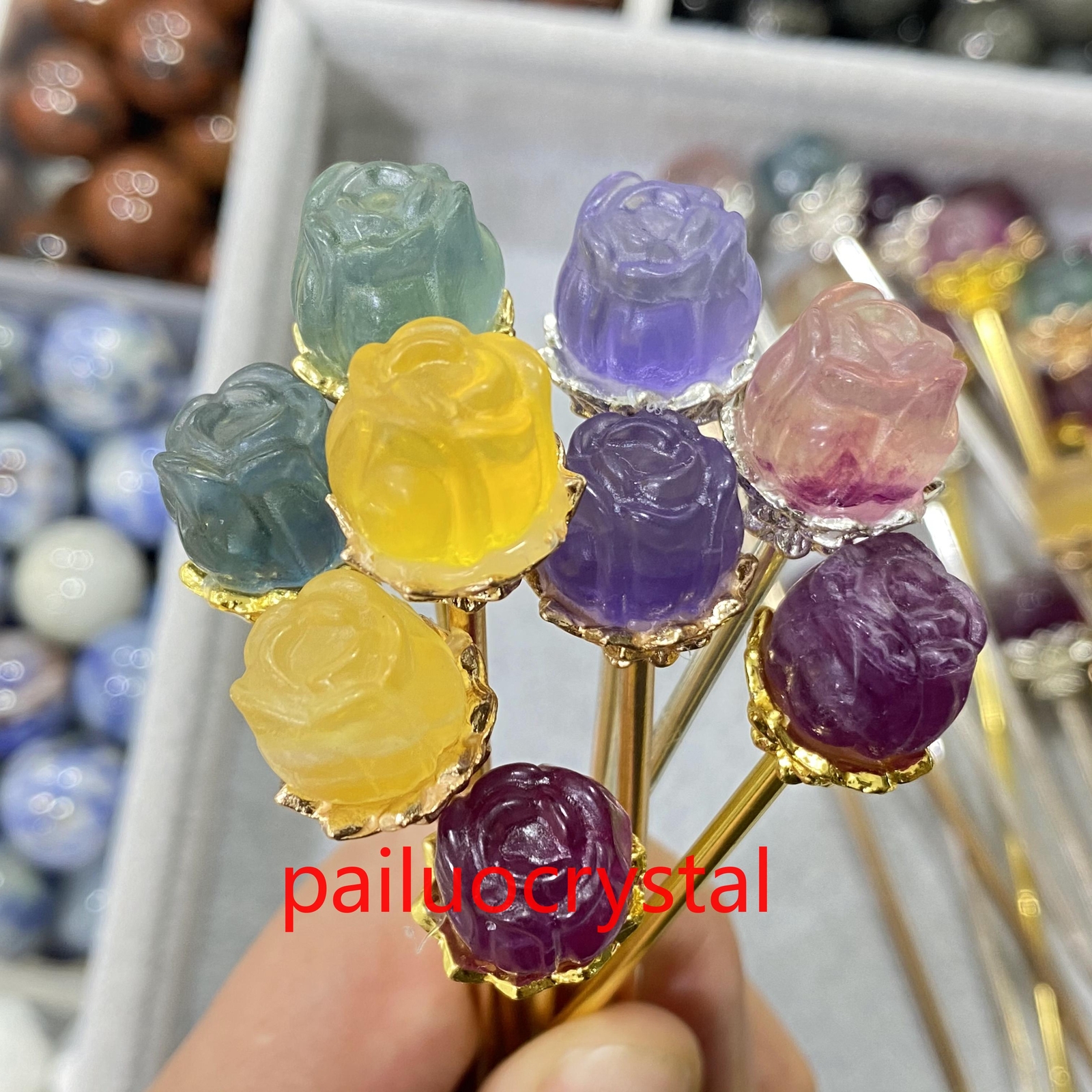 10pc Natural Fluorite Rose Hairpin Quartz Crystal Skull Reiki Healing Gem 5.3″
