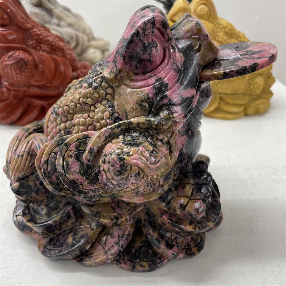 10.6LB 6.5″A+Natural Rhodonite Money Toad Crystal Hand Carved Statue Hand Carved
