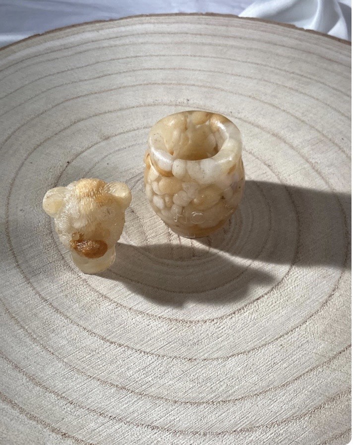 Authentic Carved Amber Calcite Crystal, Bear In Honey Pot, Home Decoration